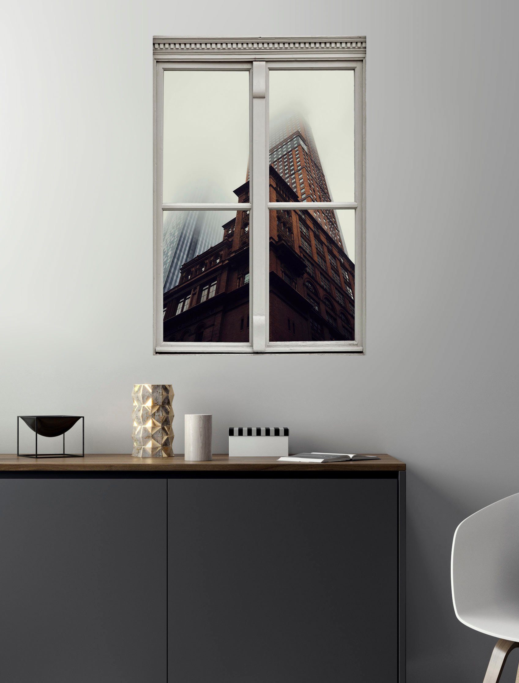 queence Wandfolie Flatgebouw Muursticker, muurdecoratie, zelfklevend, 3D, raam