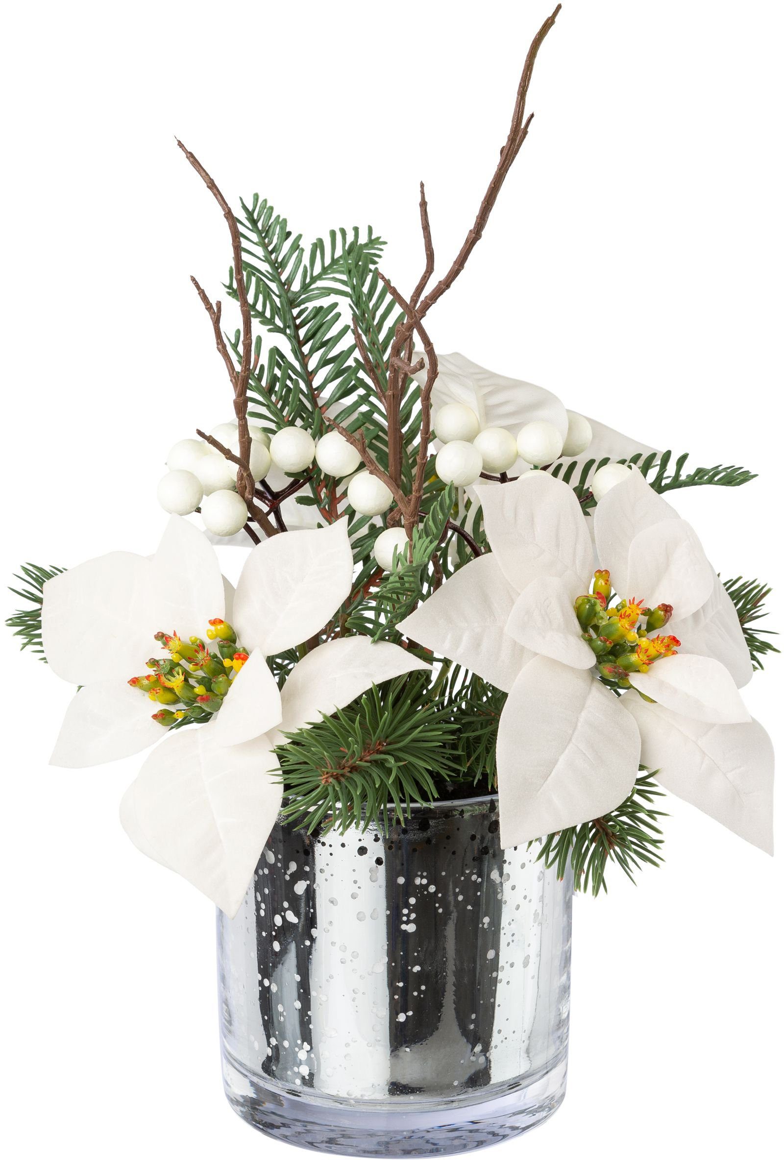 Creativ green Winterse kunstplant Kerst versiering in glazen vaas, met bessen en takken (1 stuk)