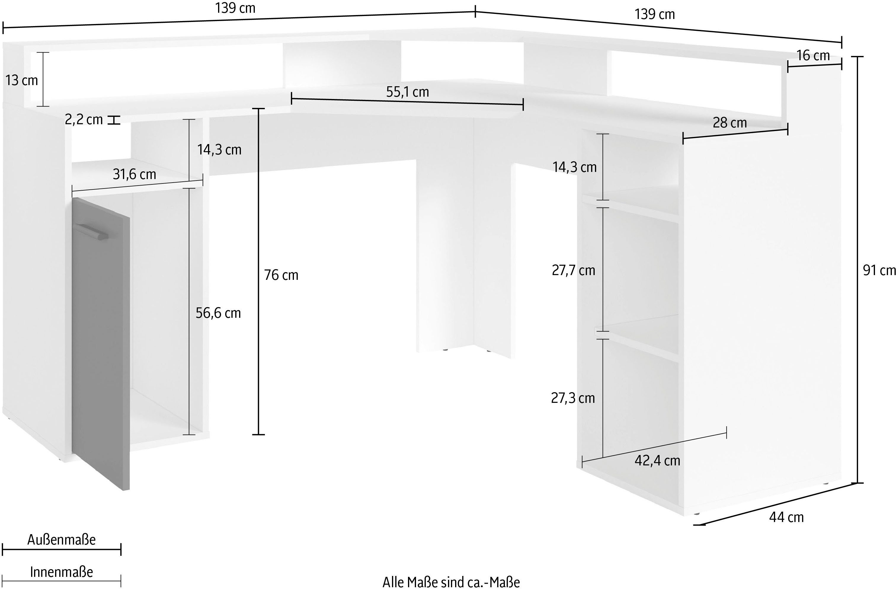 byLIVING Gamingtafel Fox Breedte 139 cm, modern hoekbureau