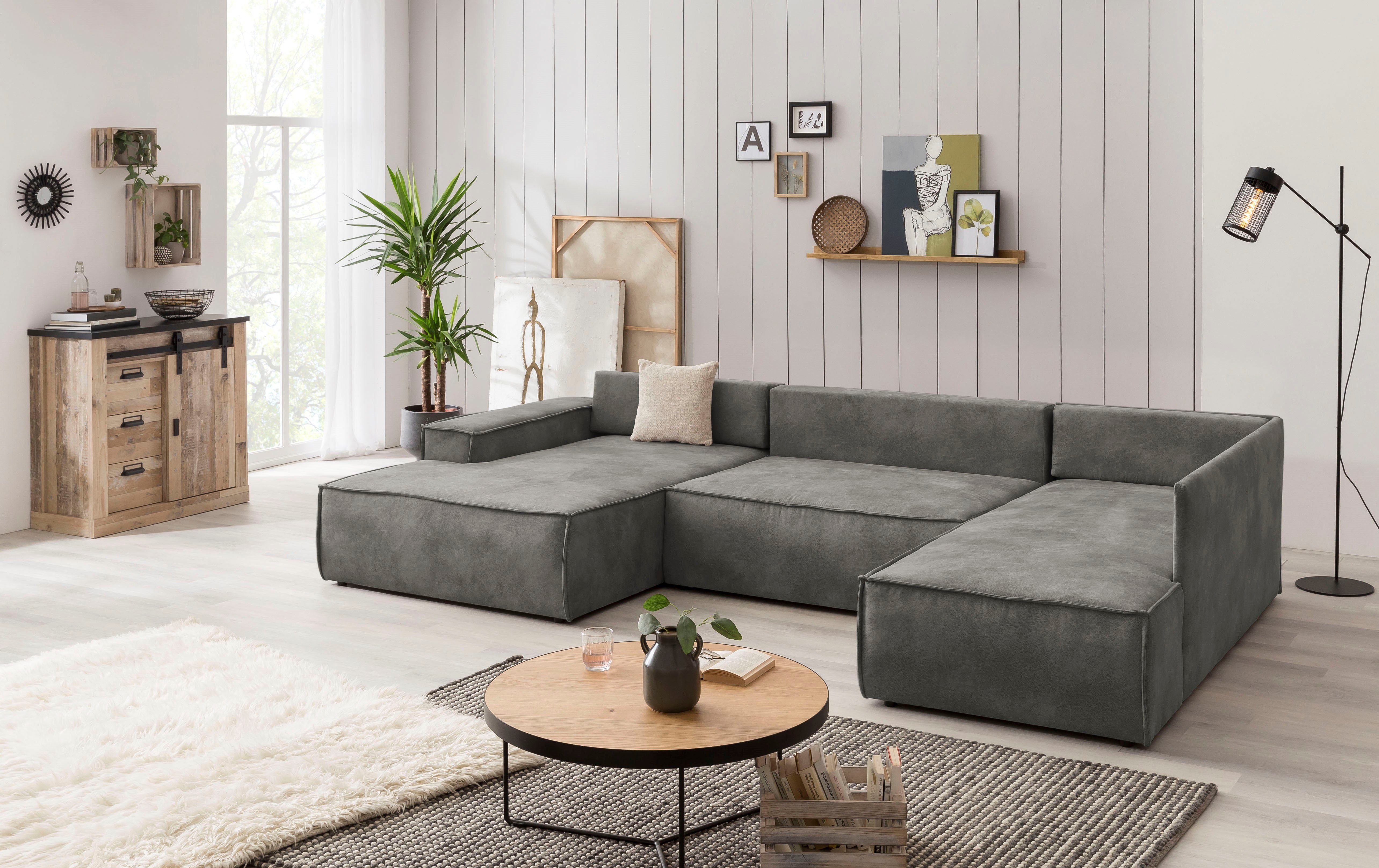 Home affaire Zithoek SHERWOOD 329 cm, U-vorm, slaapbank, Slaapfunctie met bedkist (194x139 cm), cord, vintage, fluweel