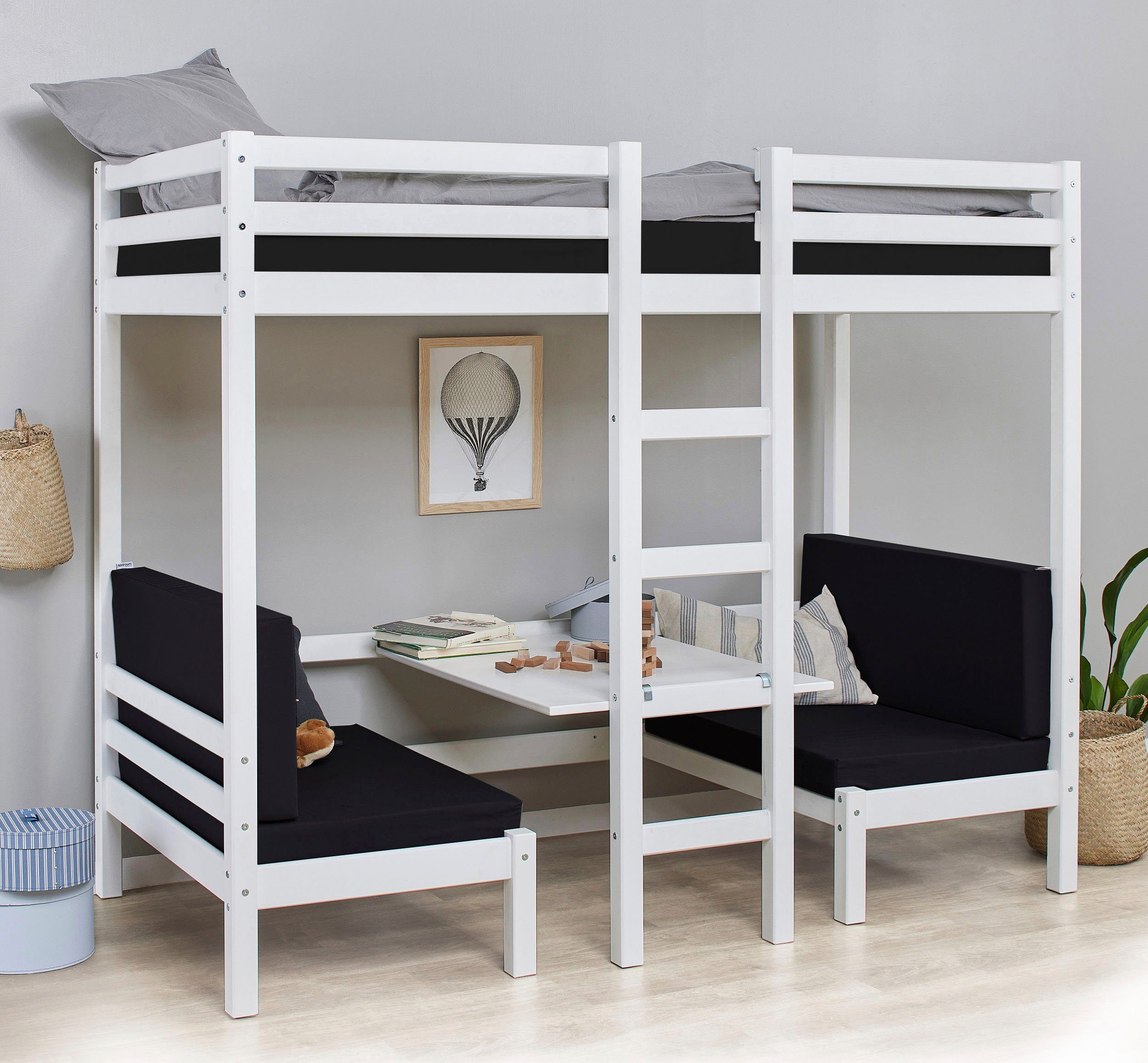 Hoppekids Hoogslaper ECO Dream JUMBO B/D/H 101/208/170 cm, ombouwbaar tot stapelbed met zitgroep, matrassen (boven en onder) in zwart, massief dennenhout/mdf