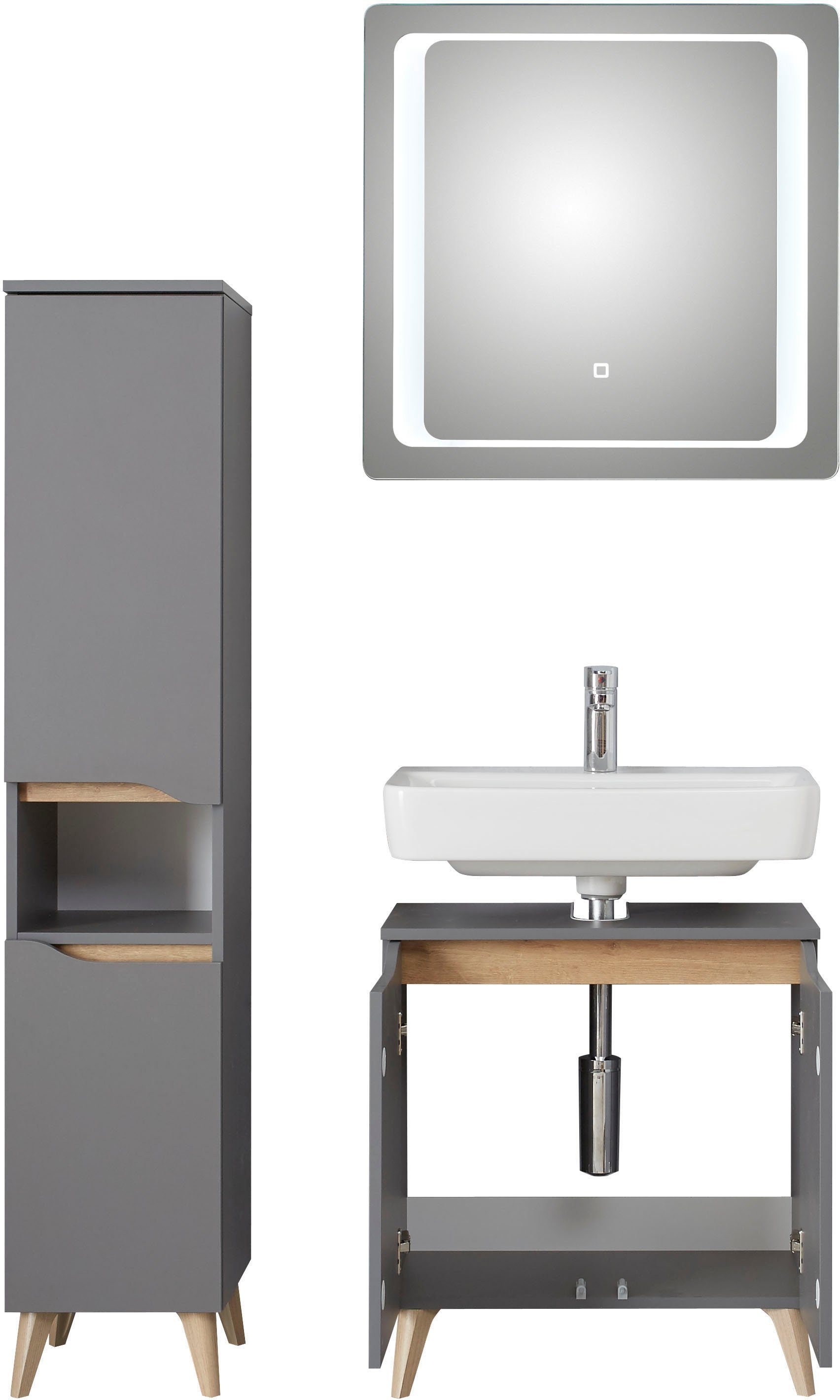 Saphir Badkamerserie Quickset 3-delig, wastafelonderkast met led-spiegel met halfhoge kast, inclusief deurdemper, 4 deuren, 1 nis, badkameraccessoireset (3-delig)