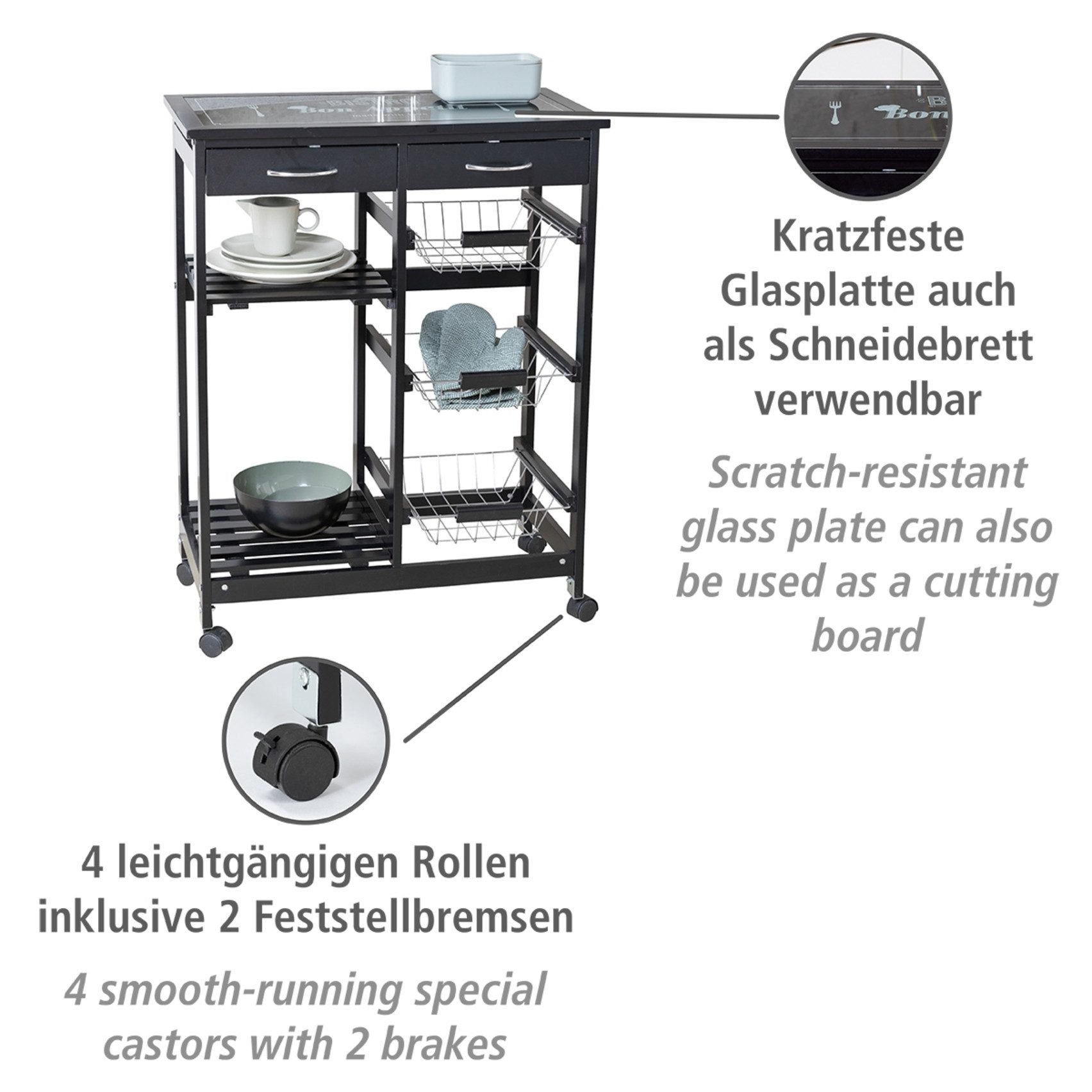 WENKO Serveerwagen Model Bon Appetit bovenste planchet met decoratieve artprint op glas