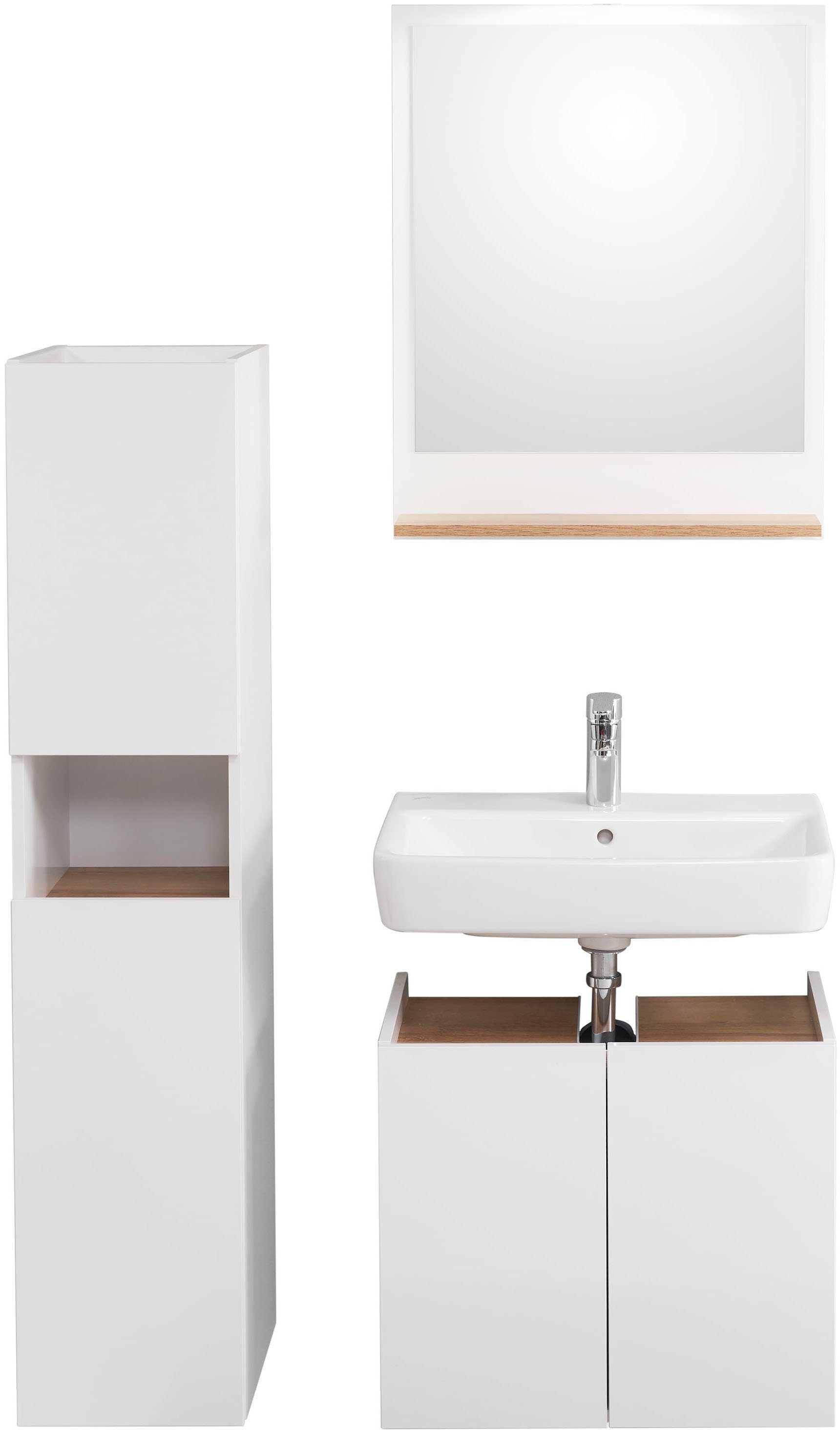 Saphir Badkamerserie Quickset 947 3-delig, wastafelonderkast met spiegel Onderkast, 4 deuren, 2 planken, incl. deurdempers, wit glans (3-delig)