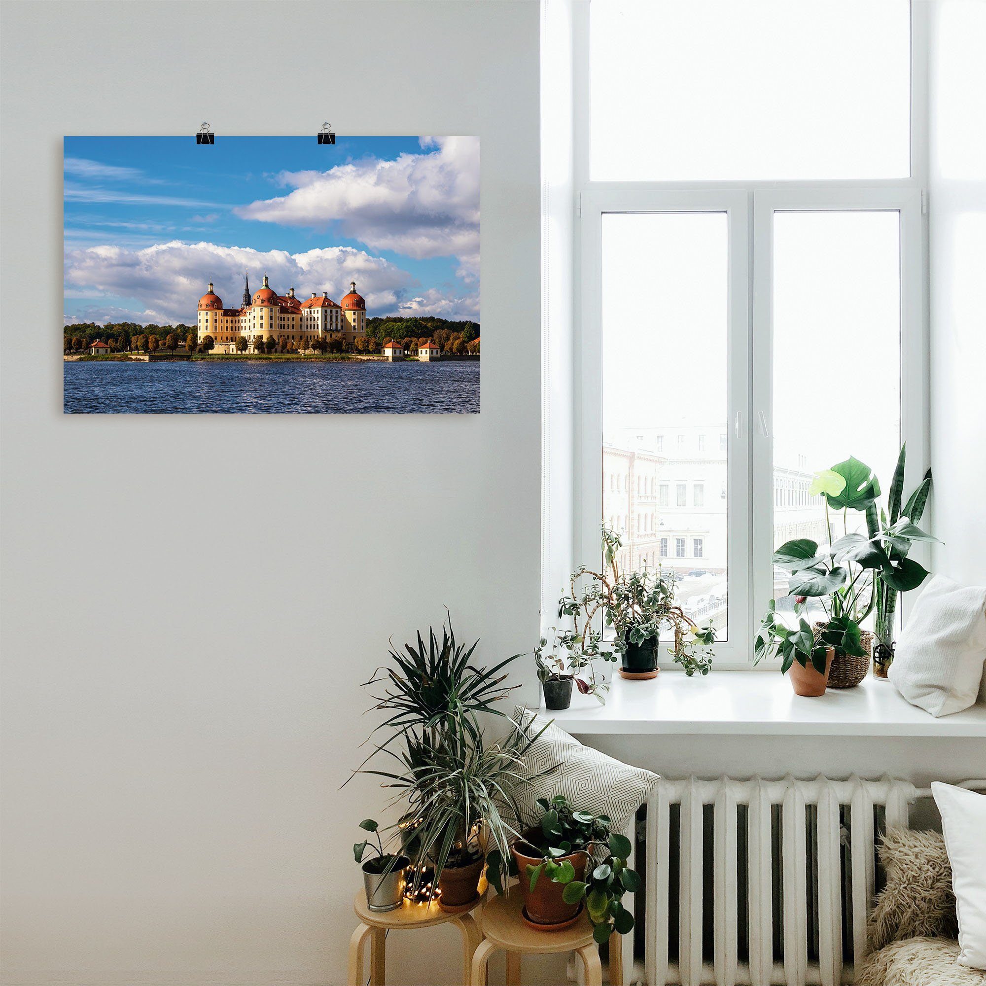 Artland Poster Uitzicht op kasteel Moritzburg in Saksen als artprint van aluminium, artprint op linnen, muursticker of poster in verschillende maten