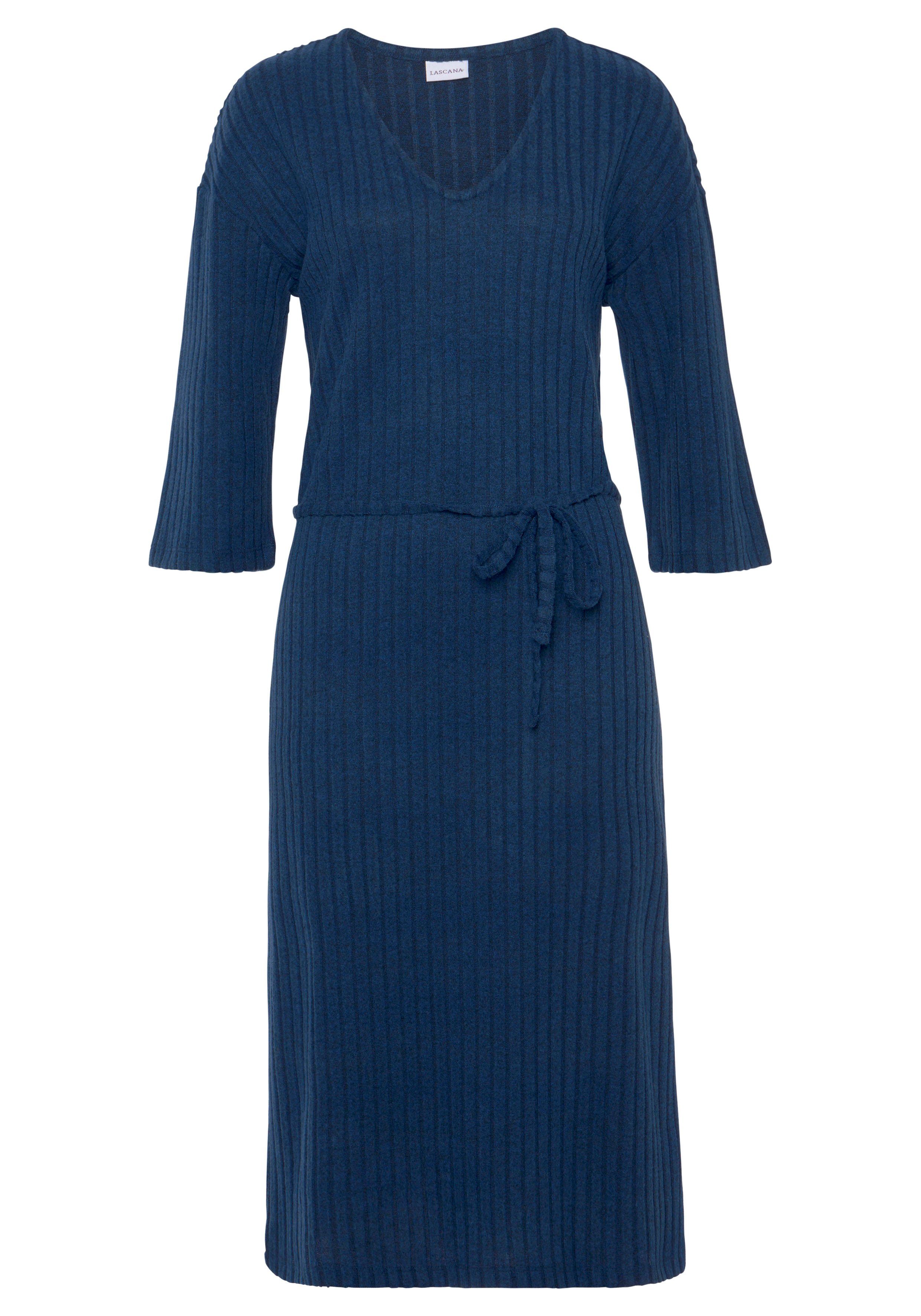 Lascana Gebreide jurk - Ribgebreide jurk, loungejurk Lounge-/rib jurk met wijde mouwen en tailleband, loungewear (1-delig)