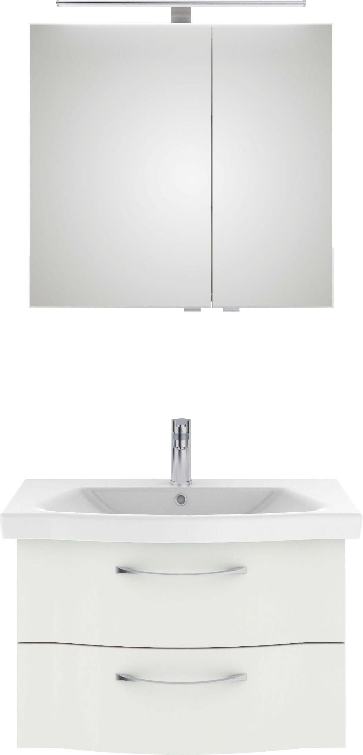 Saphir Badkamerserie 6005 sprint 2-delig, keramiek-wastafelonderkast met led-spiegelkast (2-delig) badmeubelsets wit