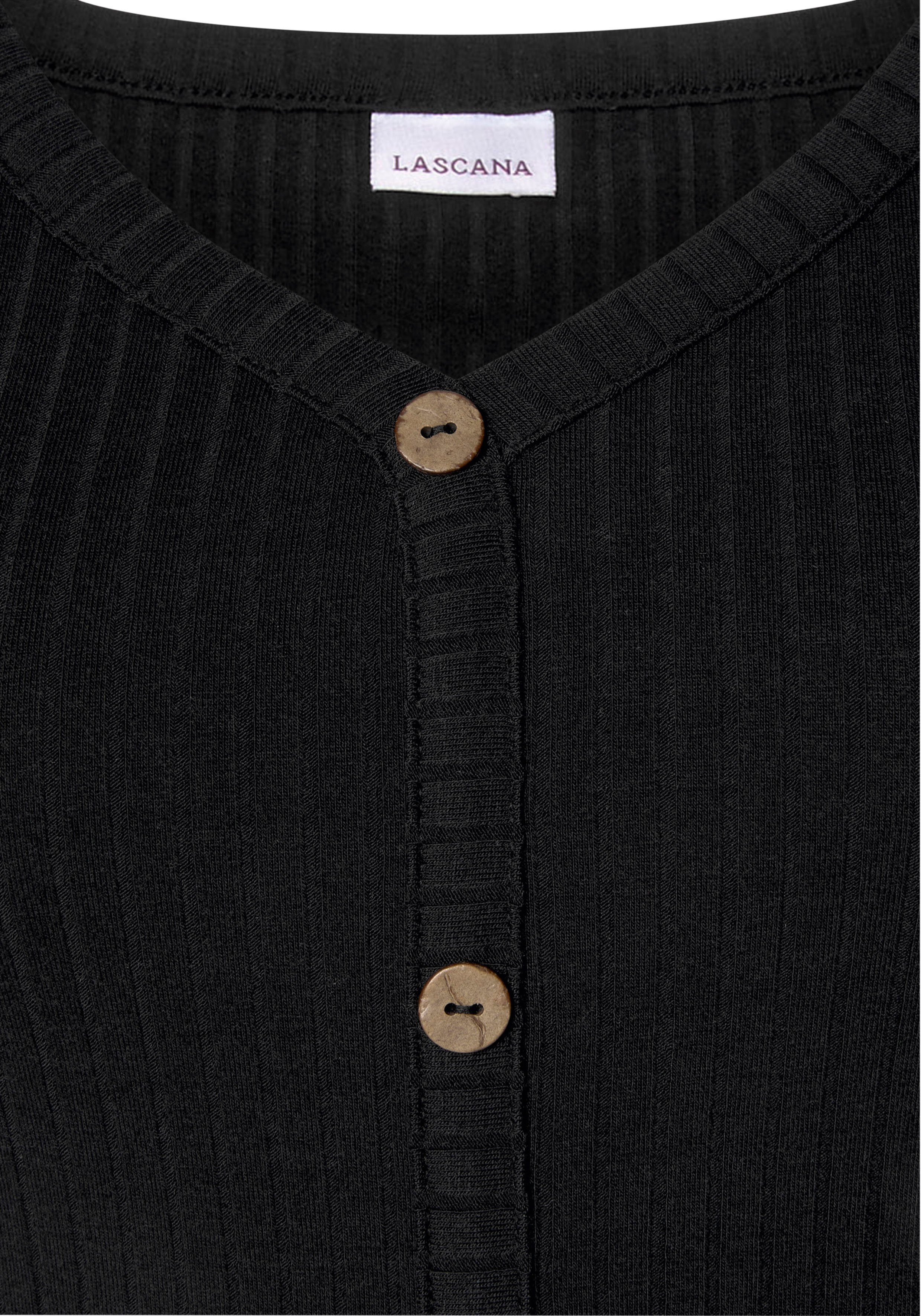Lascana Shirt met korte mouwen van geribde stof met decoratieve knoopsluiting, t-shirt, v-hals