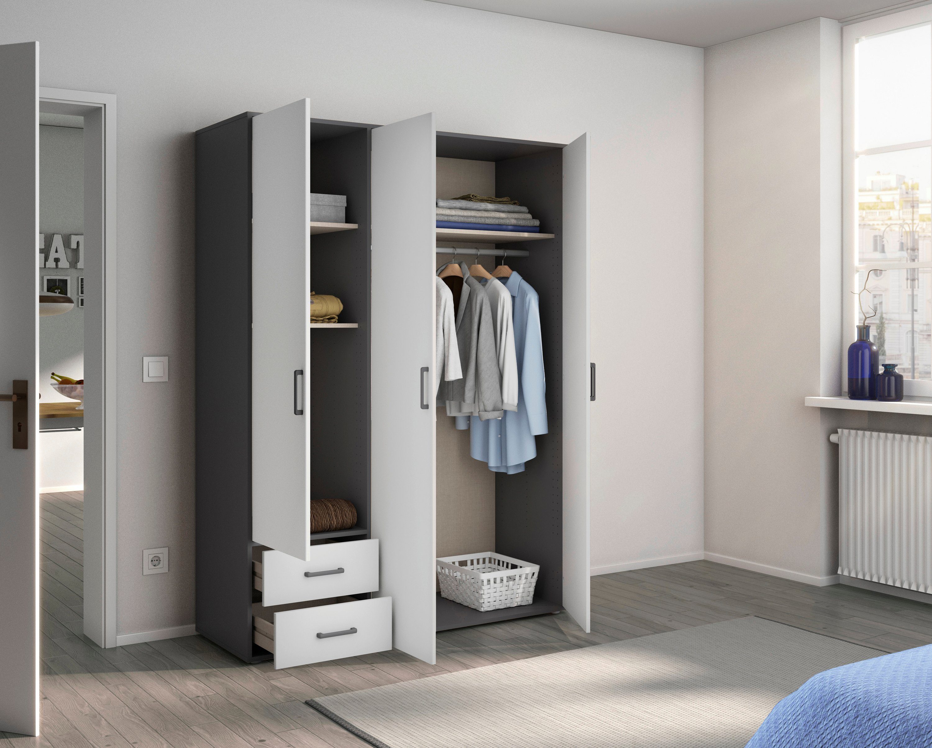 rauch Draaideurkast Voyager, kledingkast met buitenladen, garderobe moderne grepen in grijs metallic met buitenlades made in germany