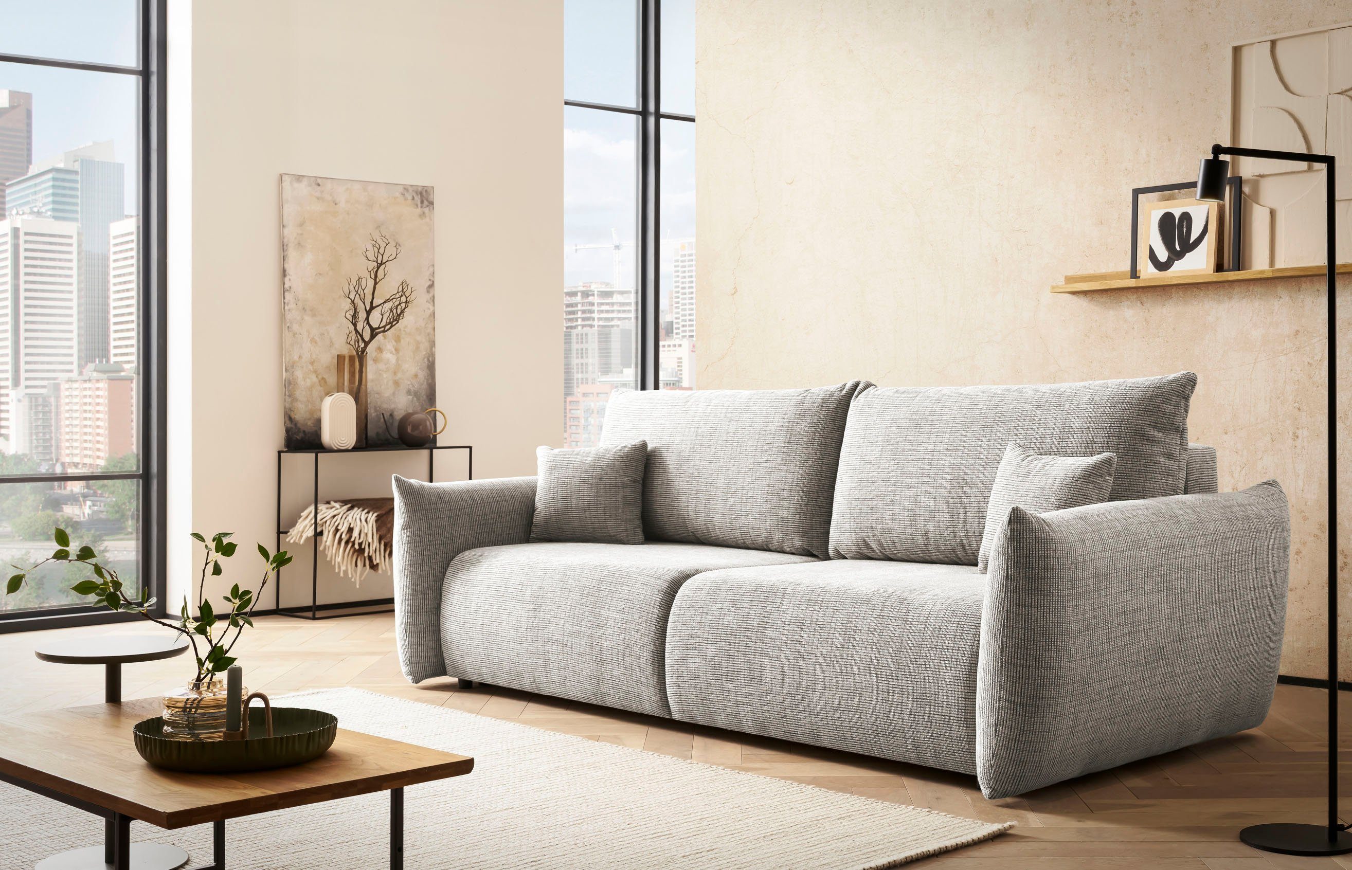 INOSIGN 3-zitsbank MAVAS slaapbank met bedlade ca. 240/108 cm (ligoppervlak 212/145 cm), ribfluweel, chenille, structuur