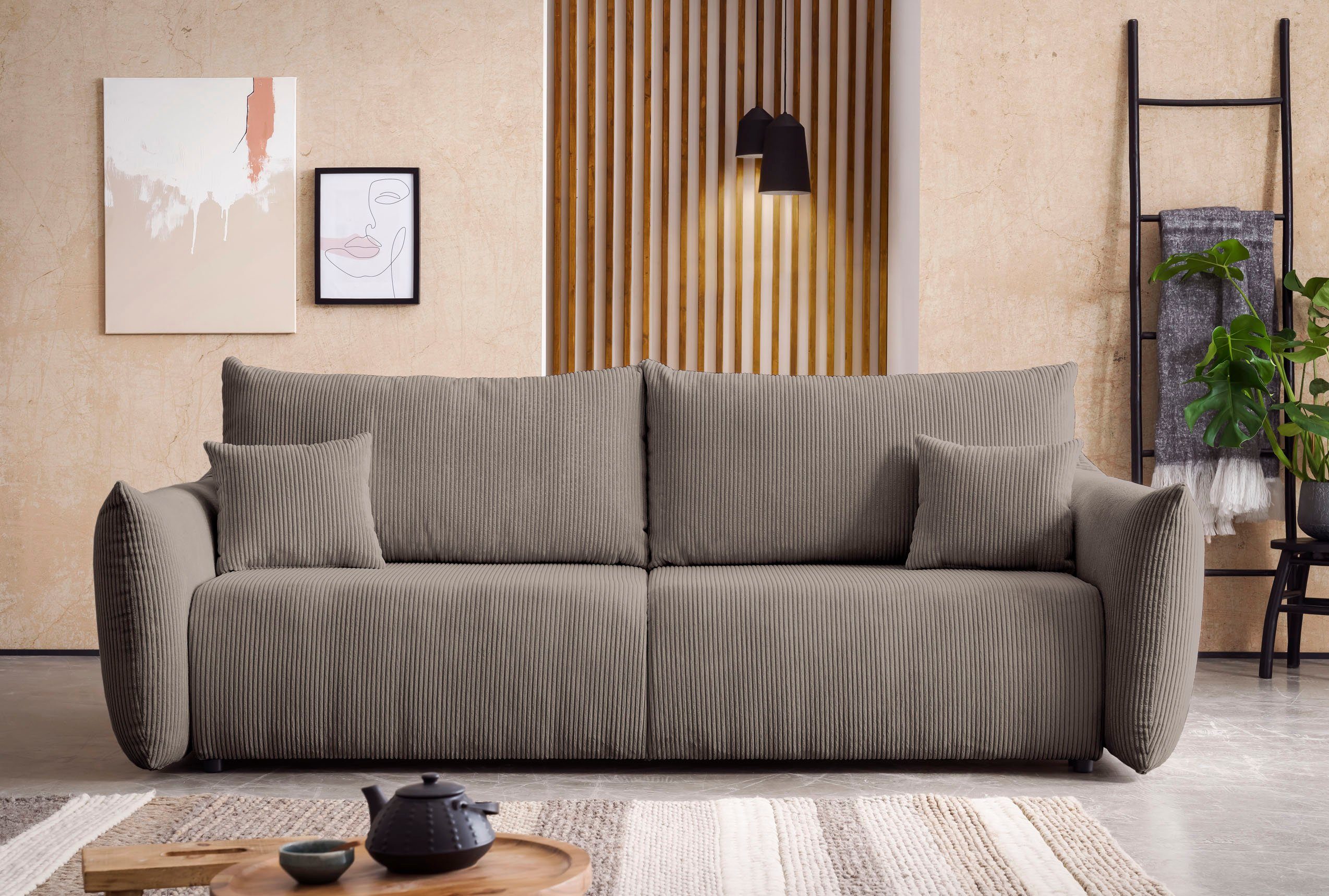 INOSIGN 3-zitsbank MAVAS slaapbank met bedlade ca. 240/108 cm (ligoppervlak 212/145 cm), ribfluweel, chenille, structuur