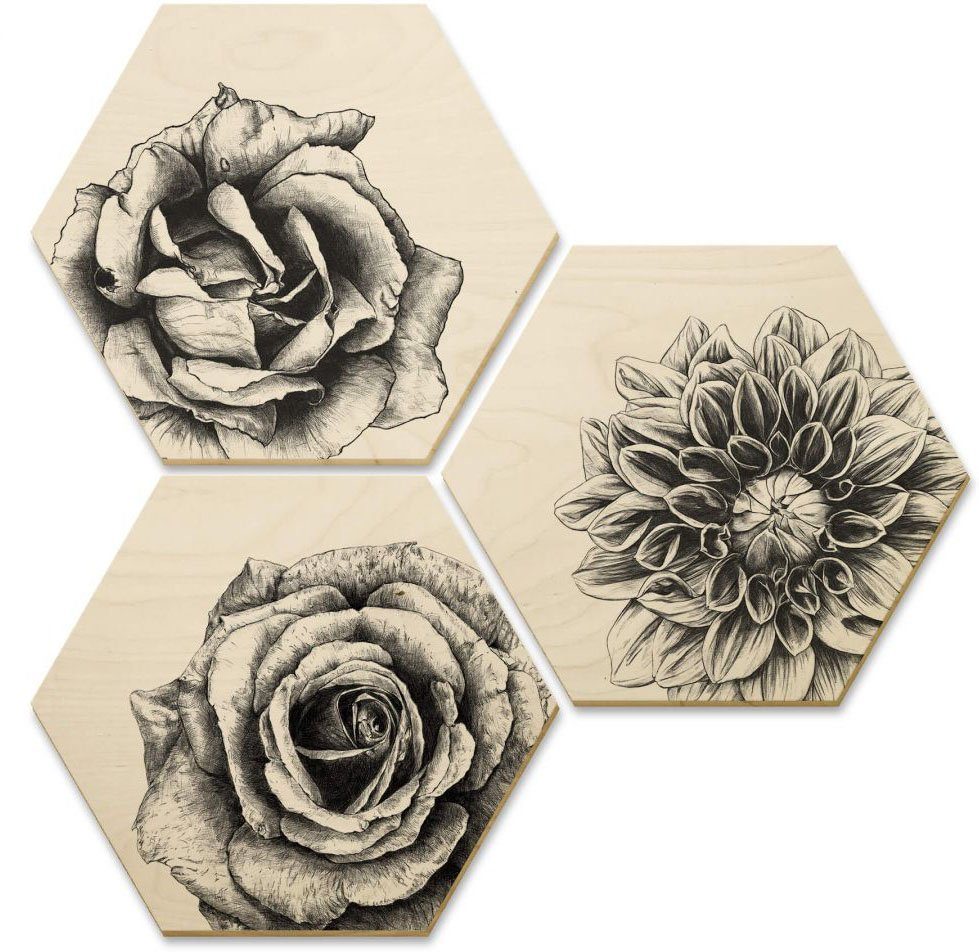 Wall-Art Meerdelige artprint Hexagon artprints op hout bloemen set (set, 3 stuks)