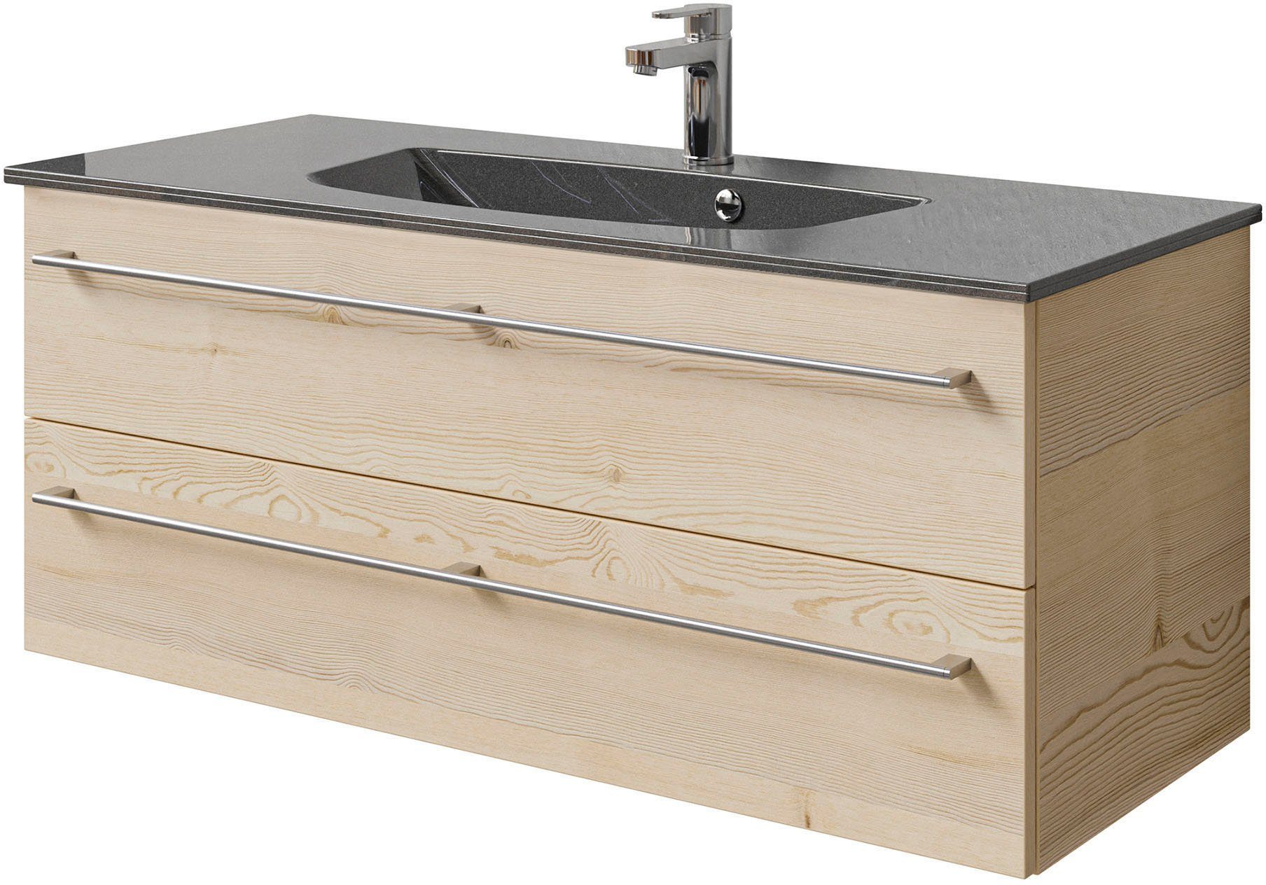 Saphir Badkamerserie Serie 6025 2-delig, mineraalmarmeren wastafel met led-spiegelkast Wastafelmeubel 117 cm breed, 2 laden, 3 spiegeldeuren, incl. deurdemper (2-delig)