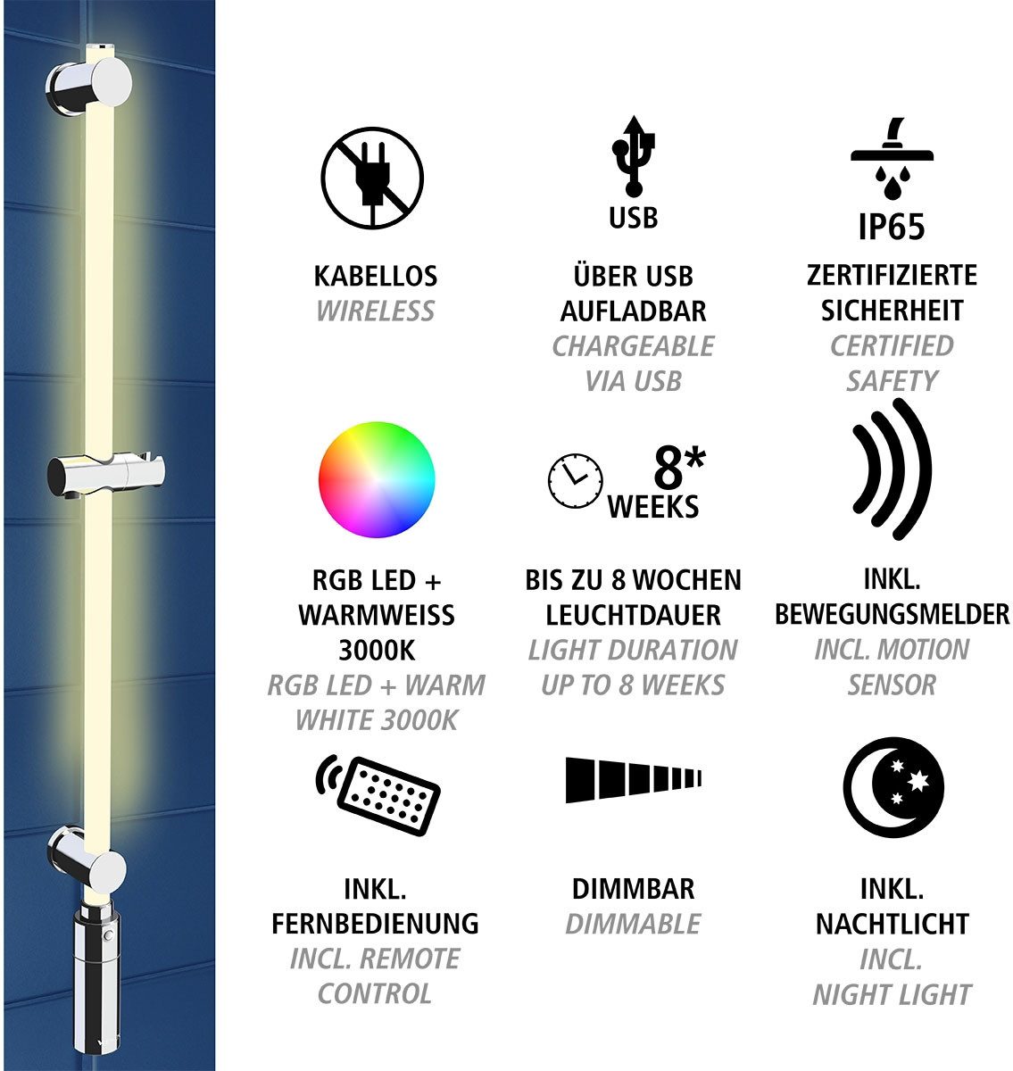 WENKO Douchestang met ledverlichting RGB-kleurwisseling en warmwit, inclusief oplaadbare eenheid