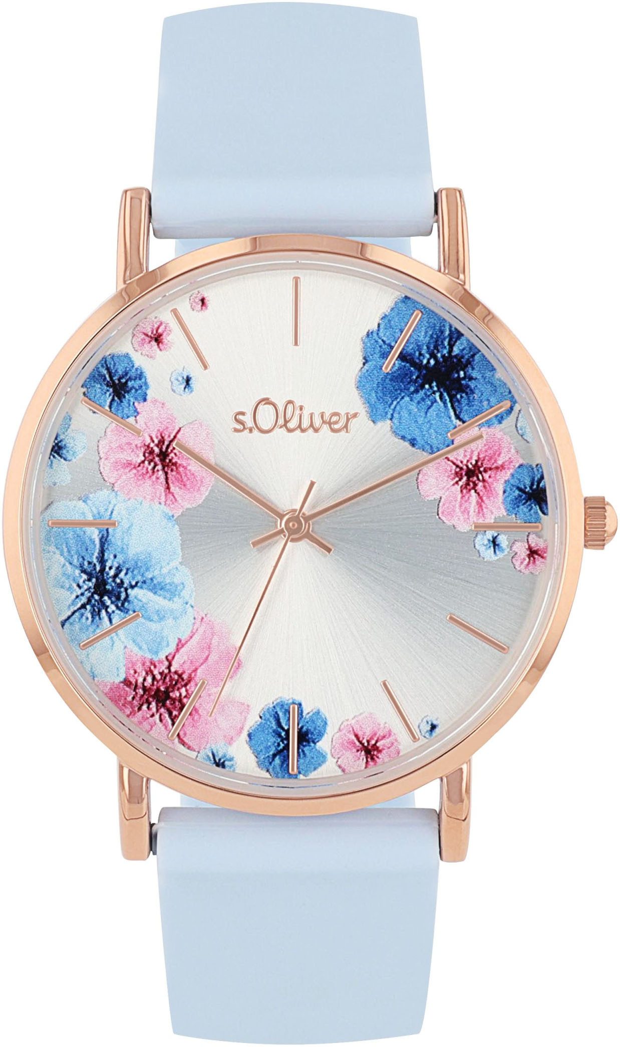 s.Oliver Kwartshorloge Polshorloge, dameshorloge, analoog, bloemen, siliconen armband