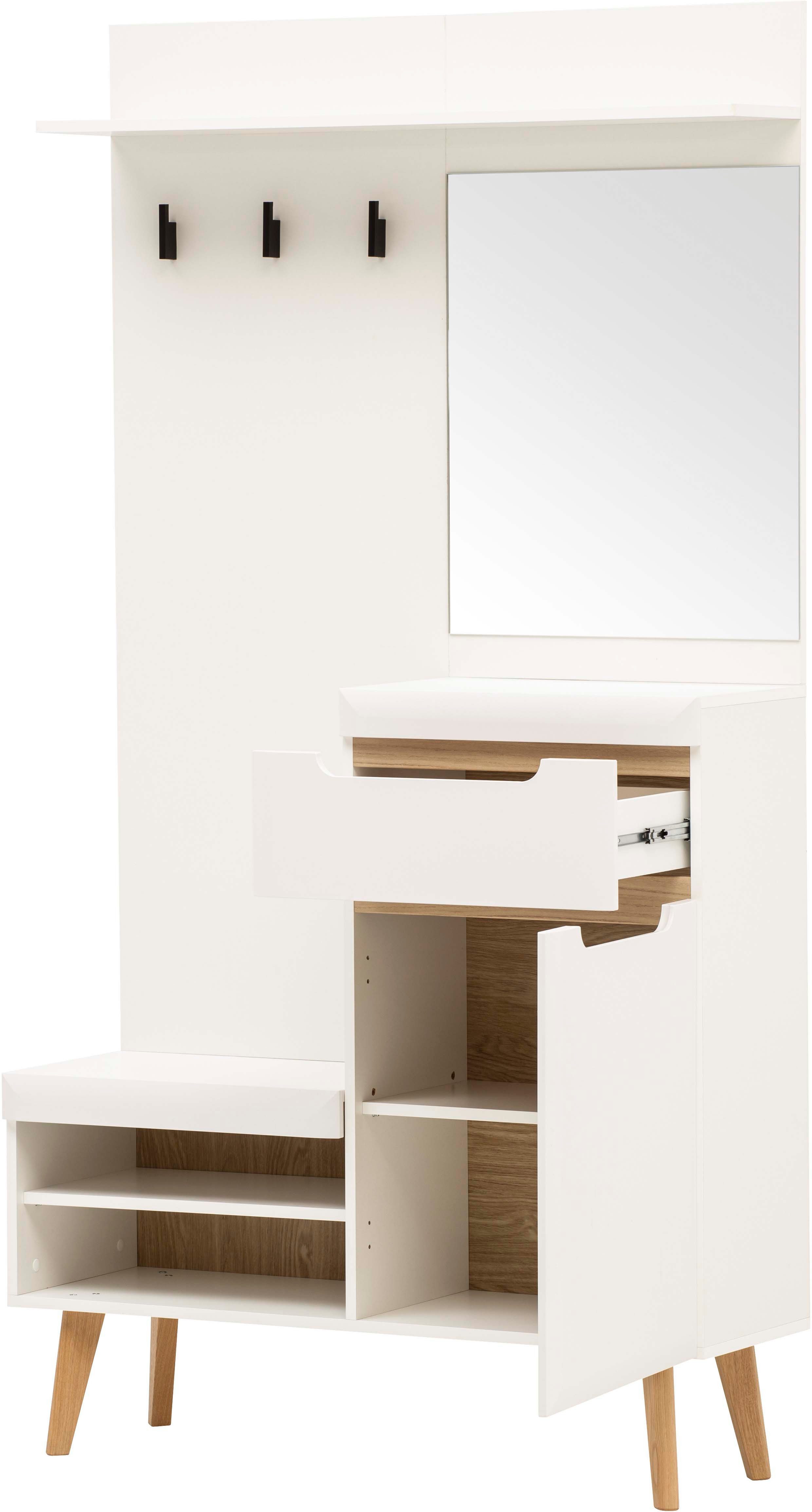 Home affaire Halmeubelset Torge, kapstok met opbergruimte, garderobekast in Scandic design bevat sideboard, garderobe met spiegel en wandplank, in twee kleuren (set, 3-delig)