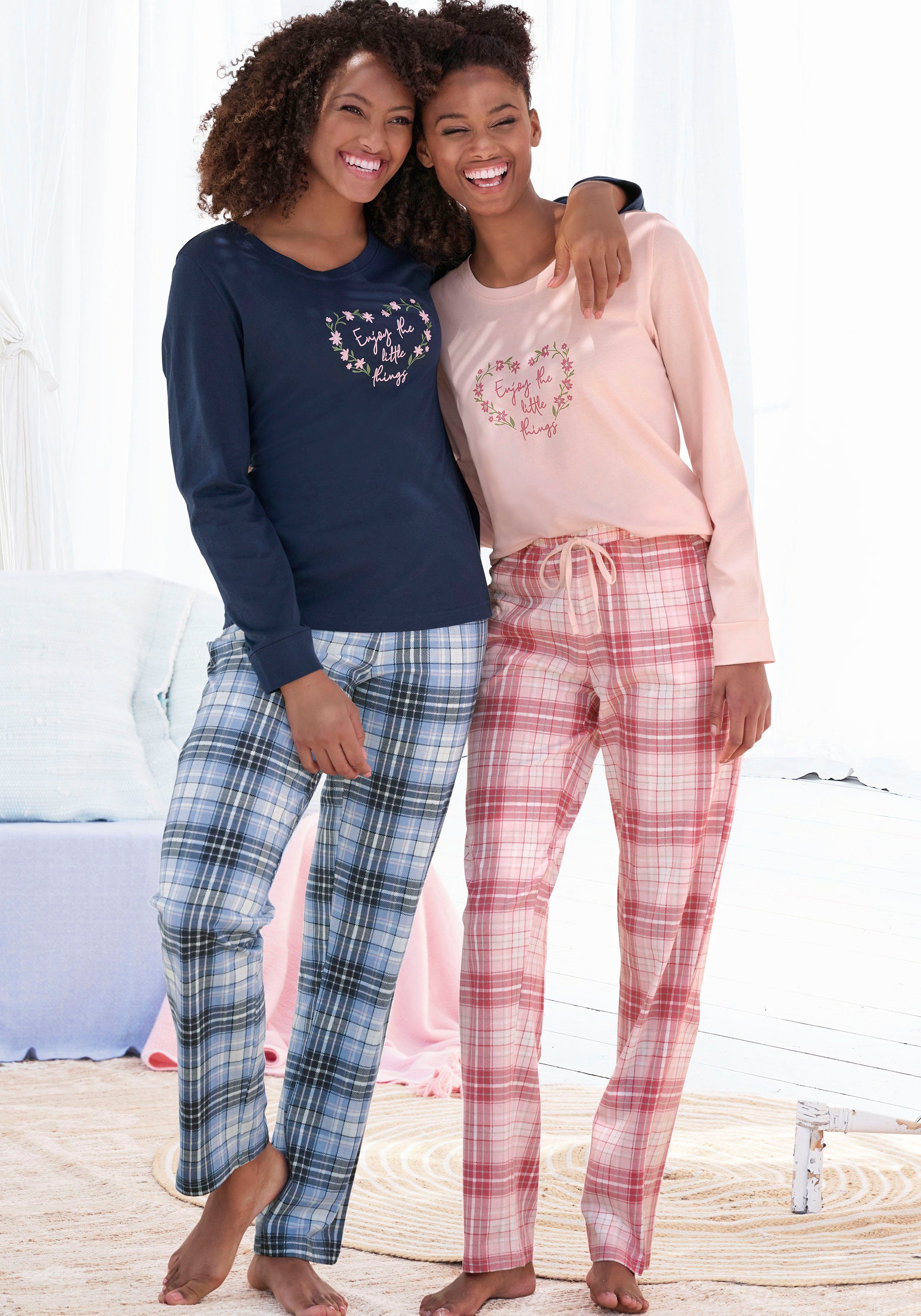 Vivance Dreams Pyjama met ruit- en bloemenprint in een dubbelpack (4-delig, Set van 2) dames pyjama's maat 40/42 blauw