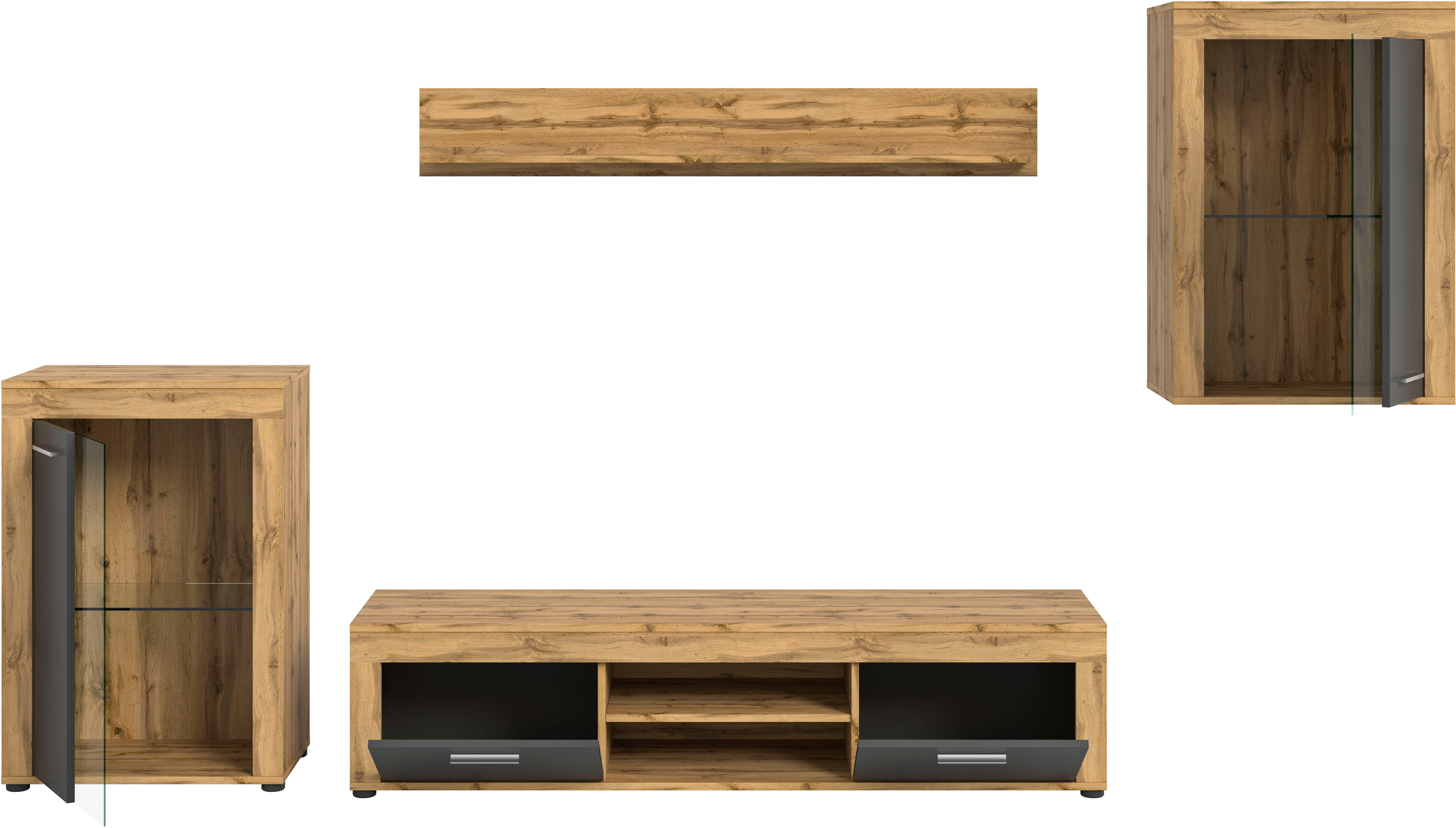 INOSIGN Wandmeubel Aosta, 4-delig, bestaande uit: 2x vitrinekast, lowboard & wandplank (4-delig)