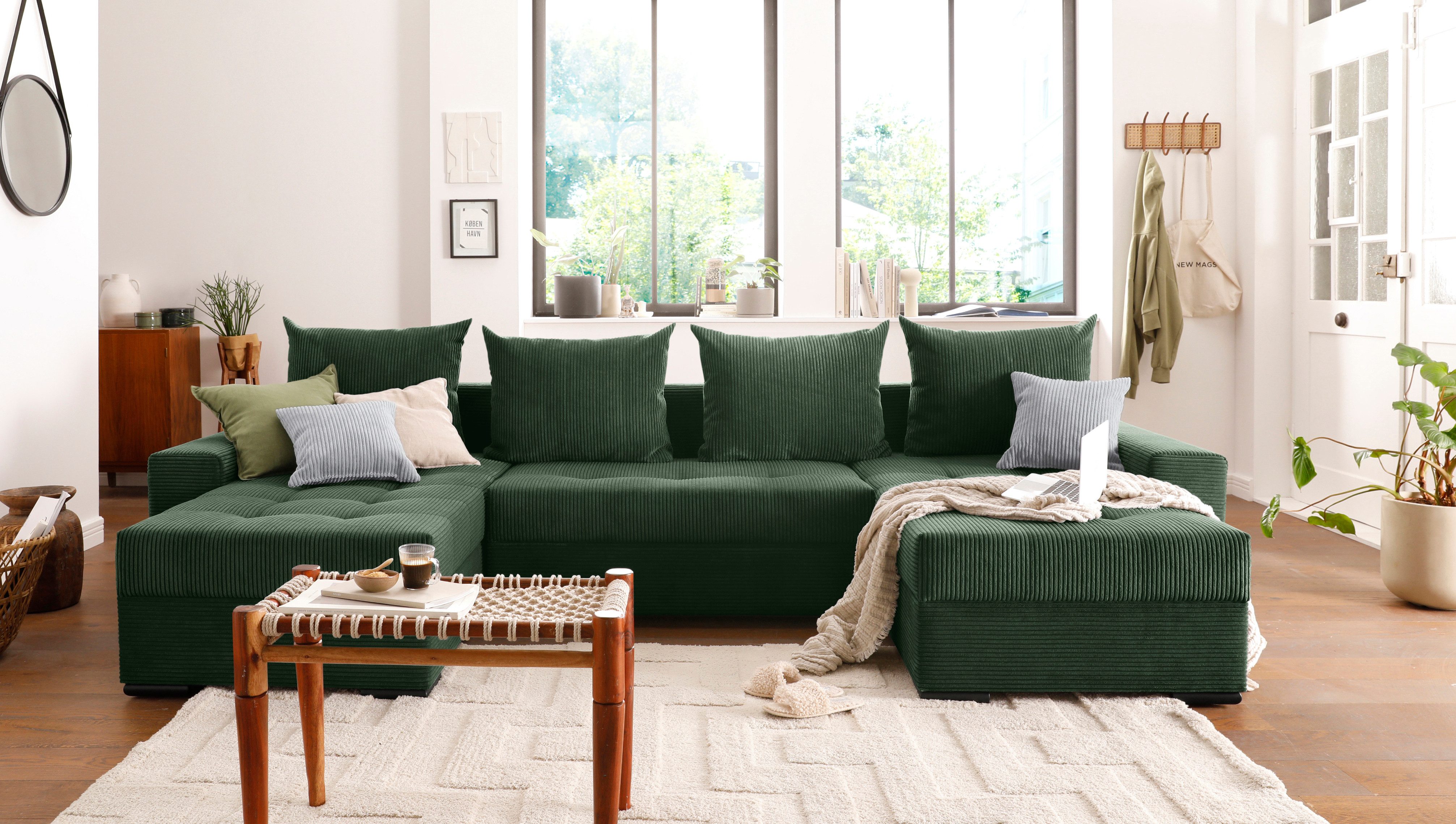 COLLECTION AB Zithoek XL-Josy U-vorm, breedte 313 cm, cord-/mix incl. bedfunctie, bedlade, met 4 gelijk grote rugkussens