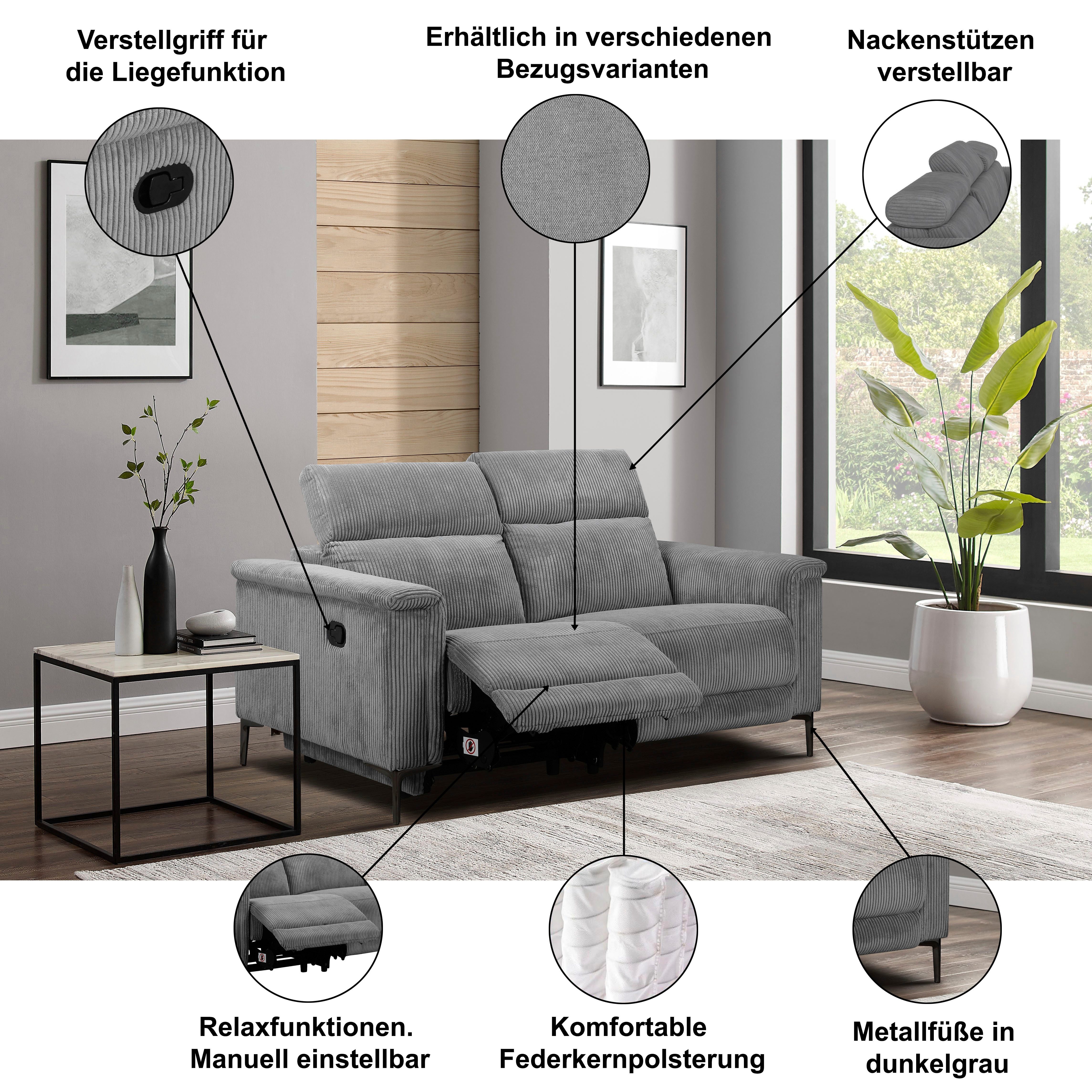 Home affaire 2-zitsbank Lund in Cord, met handmatige of elektrische Relaxfunctie, USB-C, hoofdverstelling, breedte 160 cm