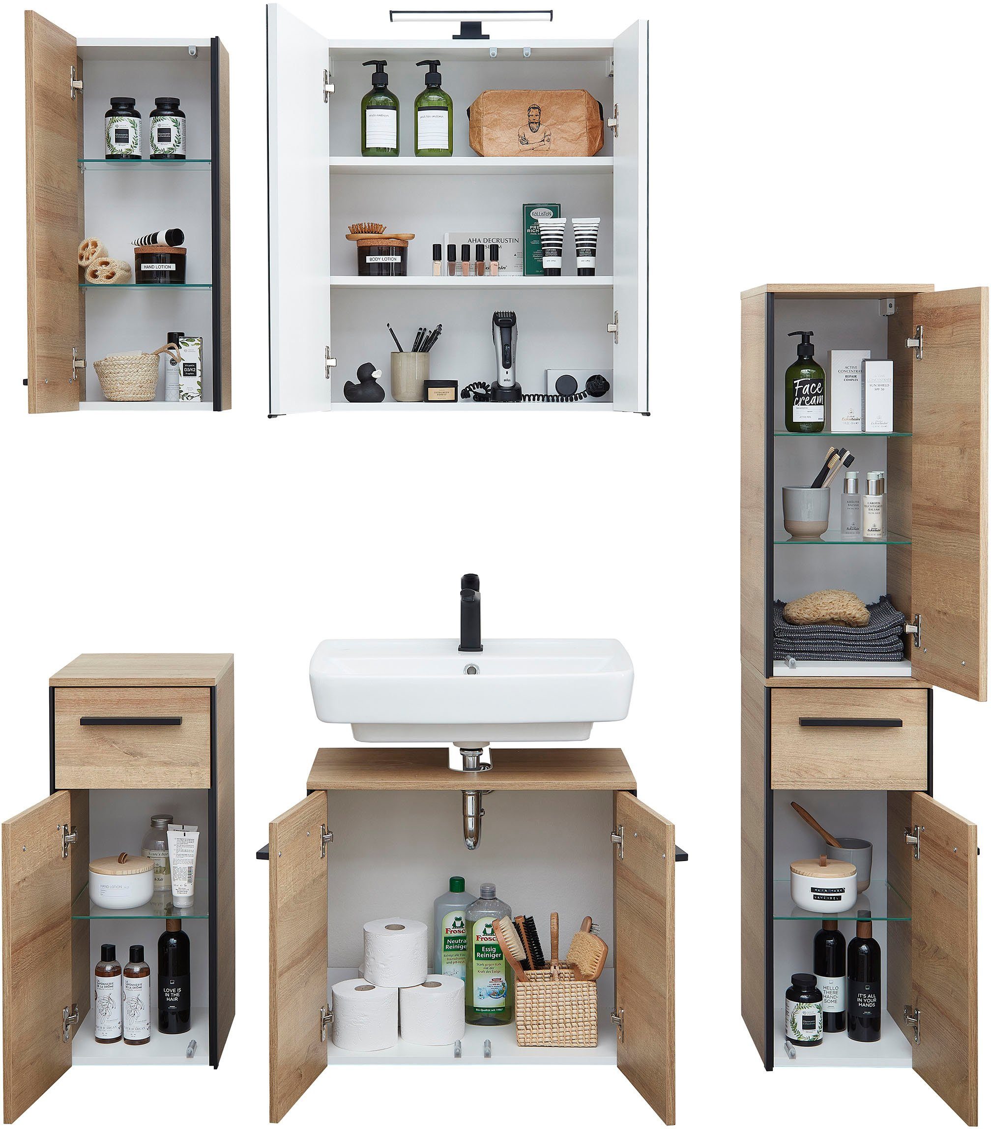 Saphir Badkamerserie Quickset 395 5-delig, wastafelonderkast met led-spiegelkast Onderkast, hangend kastje, halfhoge kast, inclusief deurdemper, 7 deuren (6-delig)
