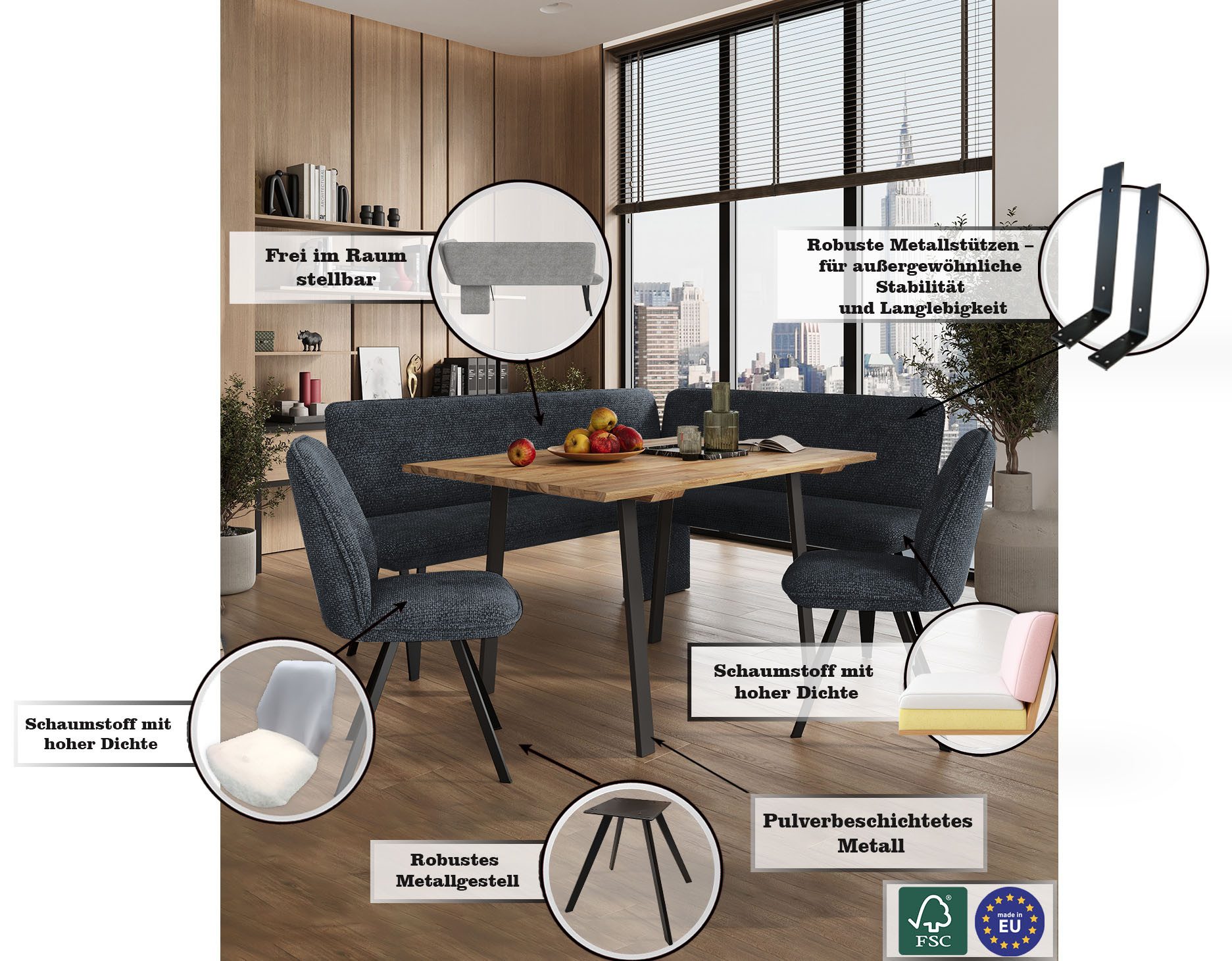 Home affaire Hoekbank Mily Keukenbank, Kussenbank, Eettafelbank, 205x164 cm Moderne bank en kleuren, aantal zitplaatsen: 5, vrij in de ruimte te plaatsen