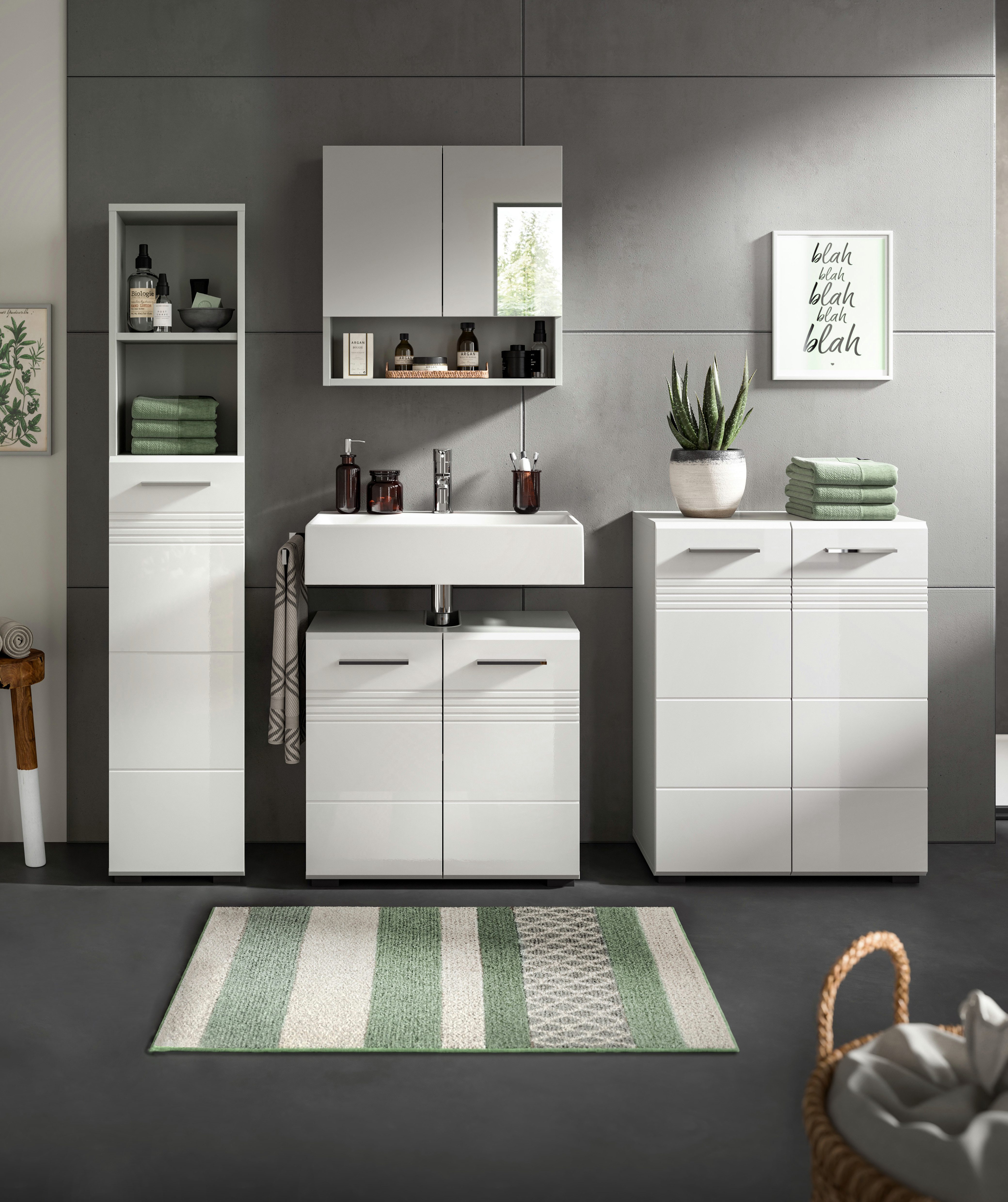 welltime Badmeubelset Calicio, bestaande uit: hoge kast, wastafelonderkast Spiegelschrank, middel kast, hoogwaardige MDF front met groeffrasing (4 stuks)