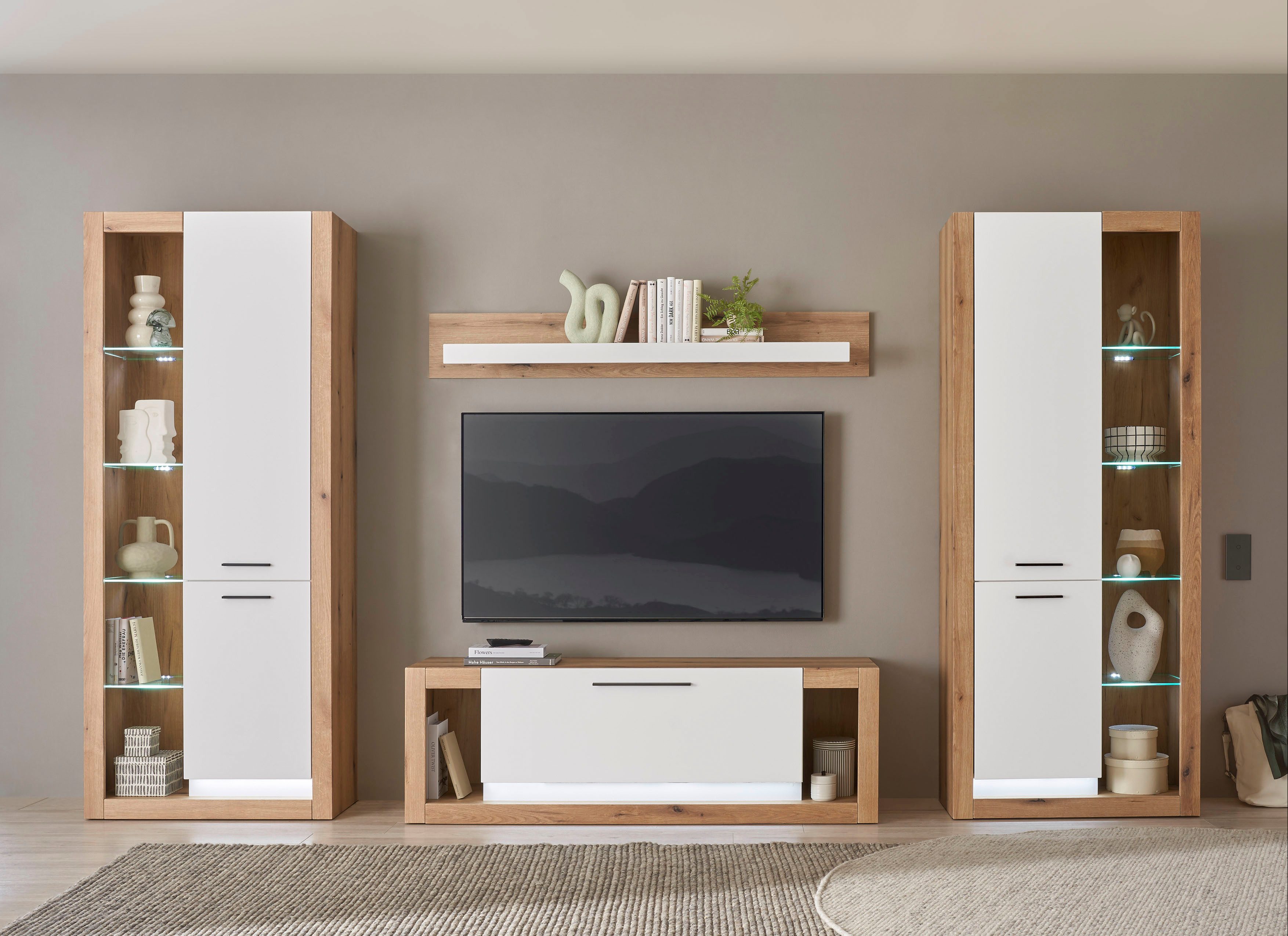 INOSIGN Wandrek Brixen, moderne wandplank, hangplank met opbergruimte veelzijdig inzetbaar wandrek, wit met eiken evoke decor
