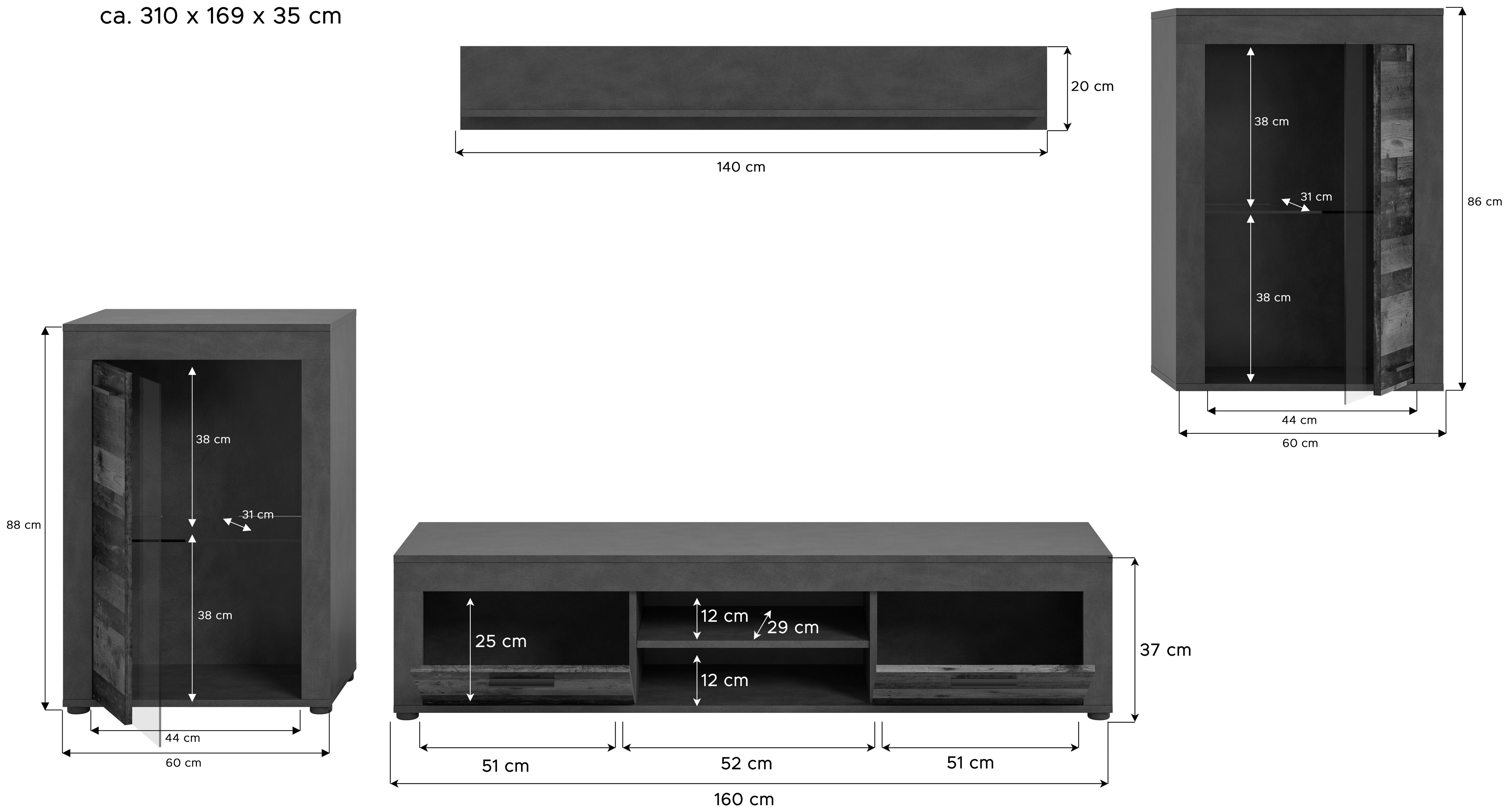 INOSIGN Wandmeubel Aosta, 4-delig, bestaande uit: 2x vitrinekast, lowboard & wandplank (4-delig)