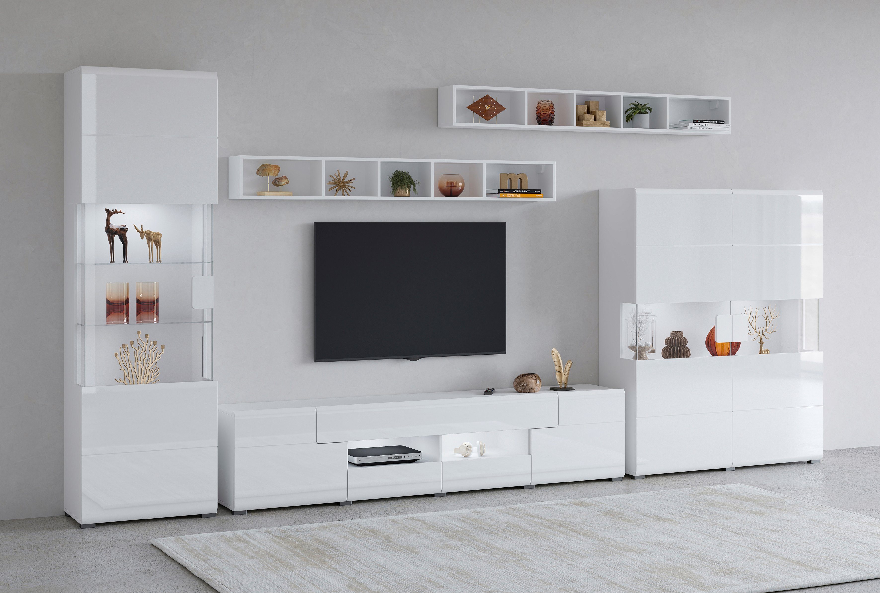 INOSIGN Wandmeubel Toledo, breedte 391cm stijlvolle mediawand zonder verlichting Opbouwwand (vitrine, lowboard, highboard, 2x hangplank) MDF hoogglans