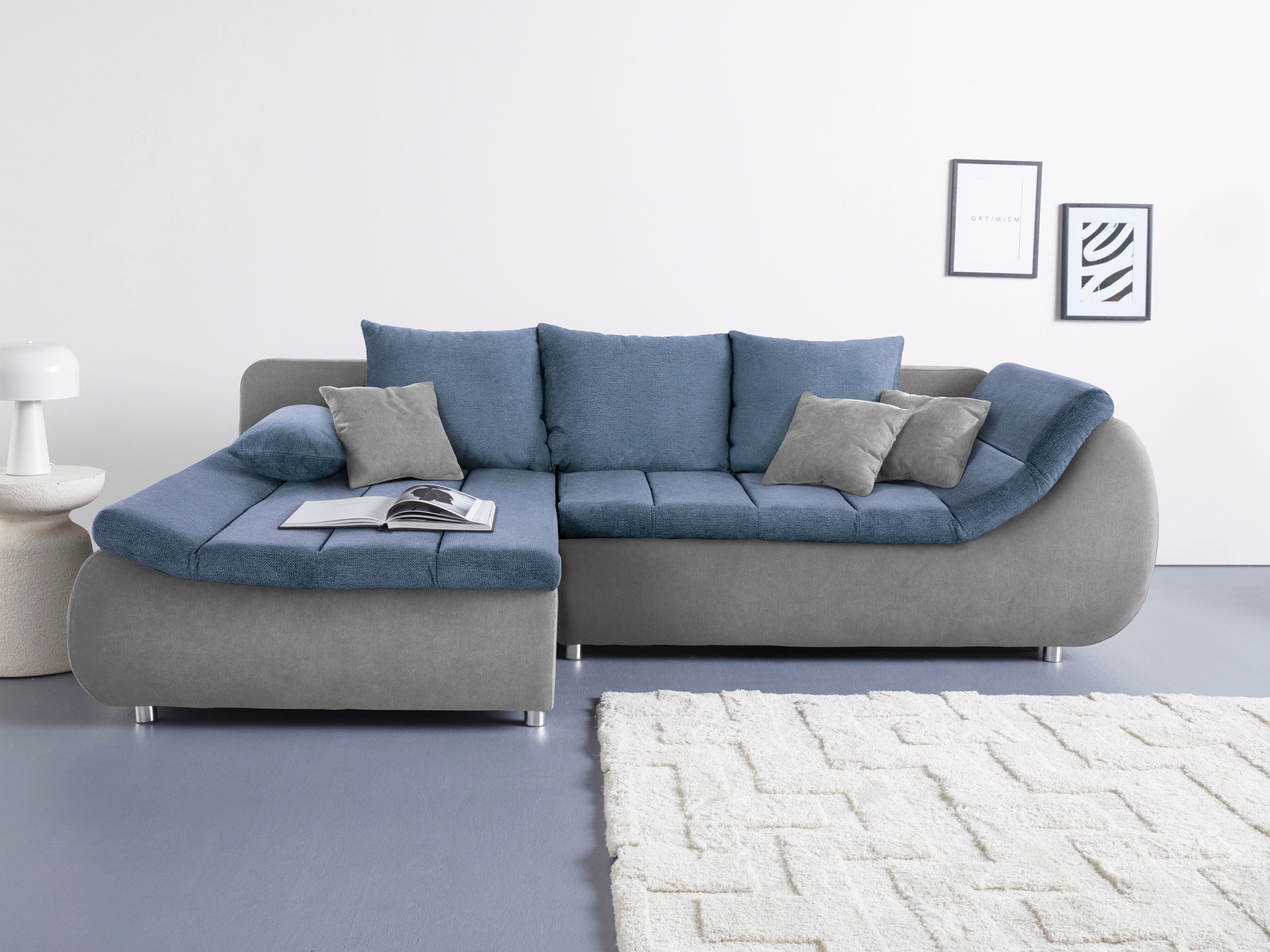 INOSIGN Hoekbank Imola, elegant en modern, actuele stiksels in de zitting, comfortabel, L-vorm grijs, hoekbanken, Met slaapfunctie en bedkist, mit