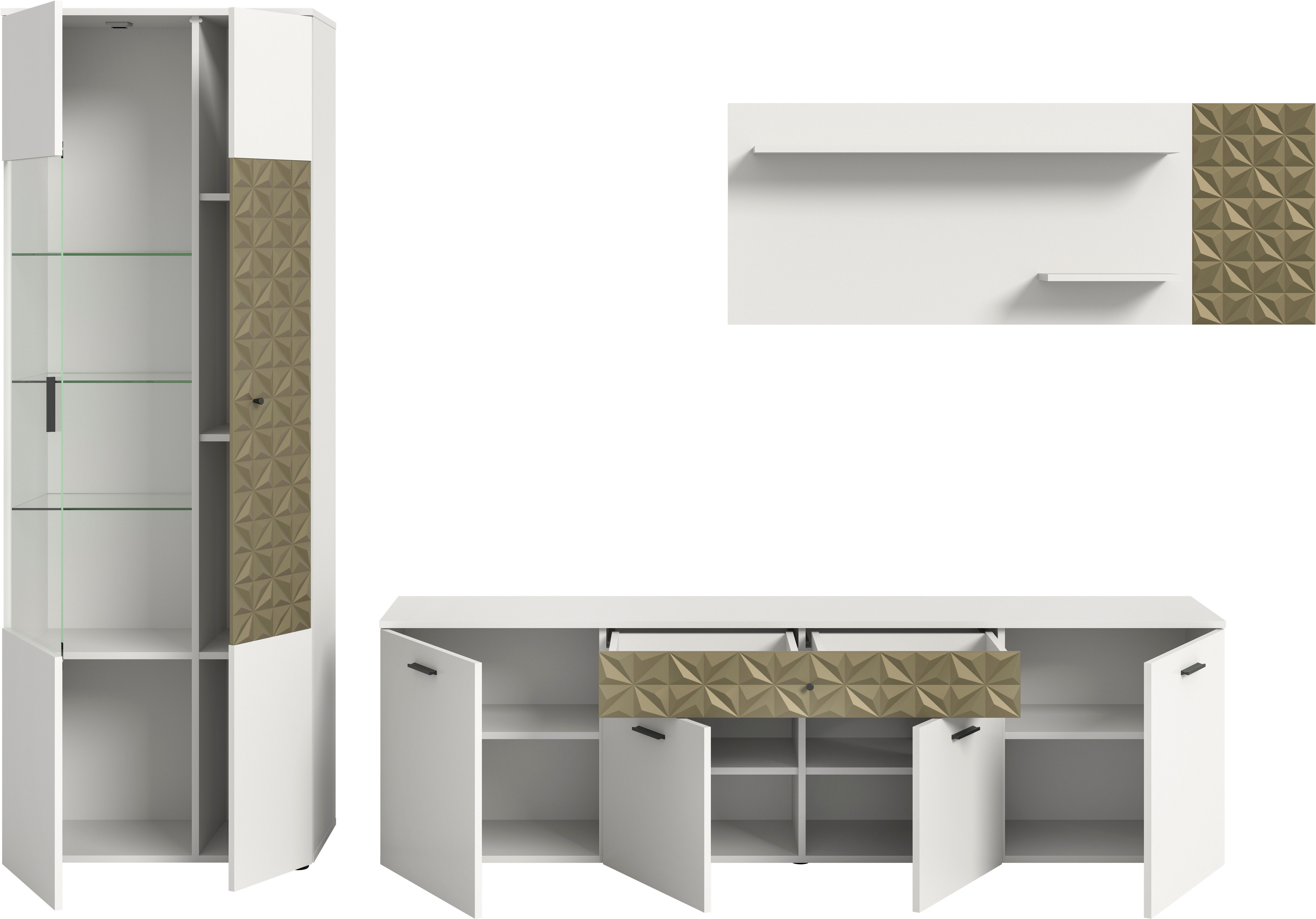 INOSIGN Wandmeubel Vicenza, 3-delig, bestaande uit: vitrine, lowboard, wandplank met ornamentafwerking, combinatie, aanbouwwand, tv-wand, kastwand (3-delig)