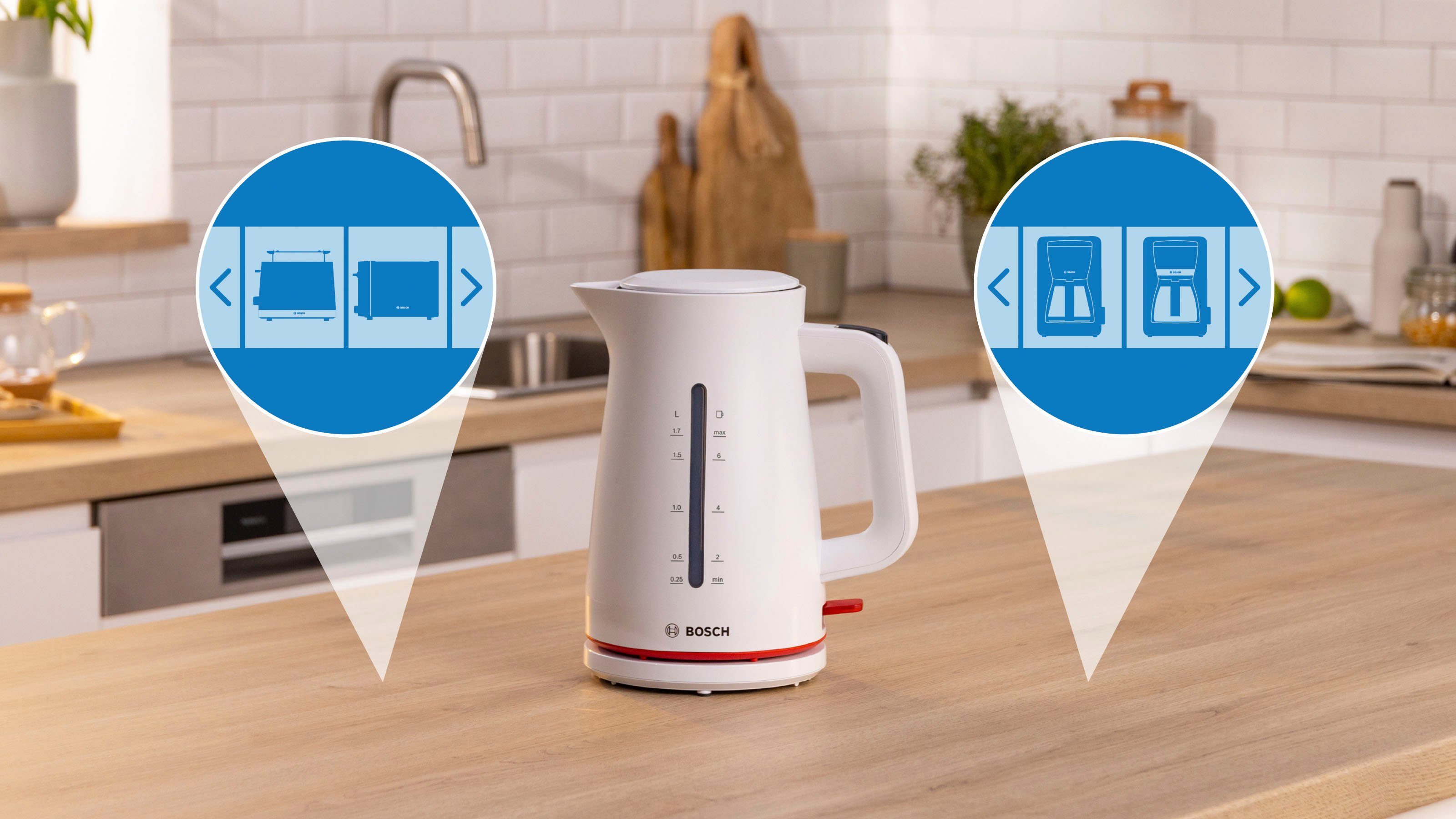 BOSCH Waterkoker MyMoment TWK3M121, 1,7 l, Automatische uitschakeling, kopjesweergave, aan beide kanten waterniveauaanduiding