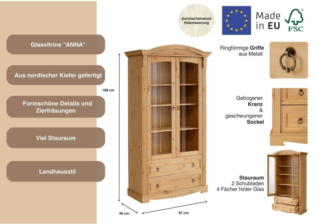 Home affaire Vitrinekast ANNA Hoogte 187 cm, breedte 100 cm, metalen handgrepen, van massief grenen, FSC®