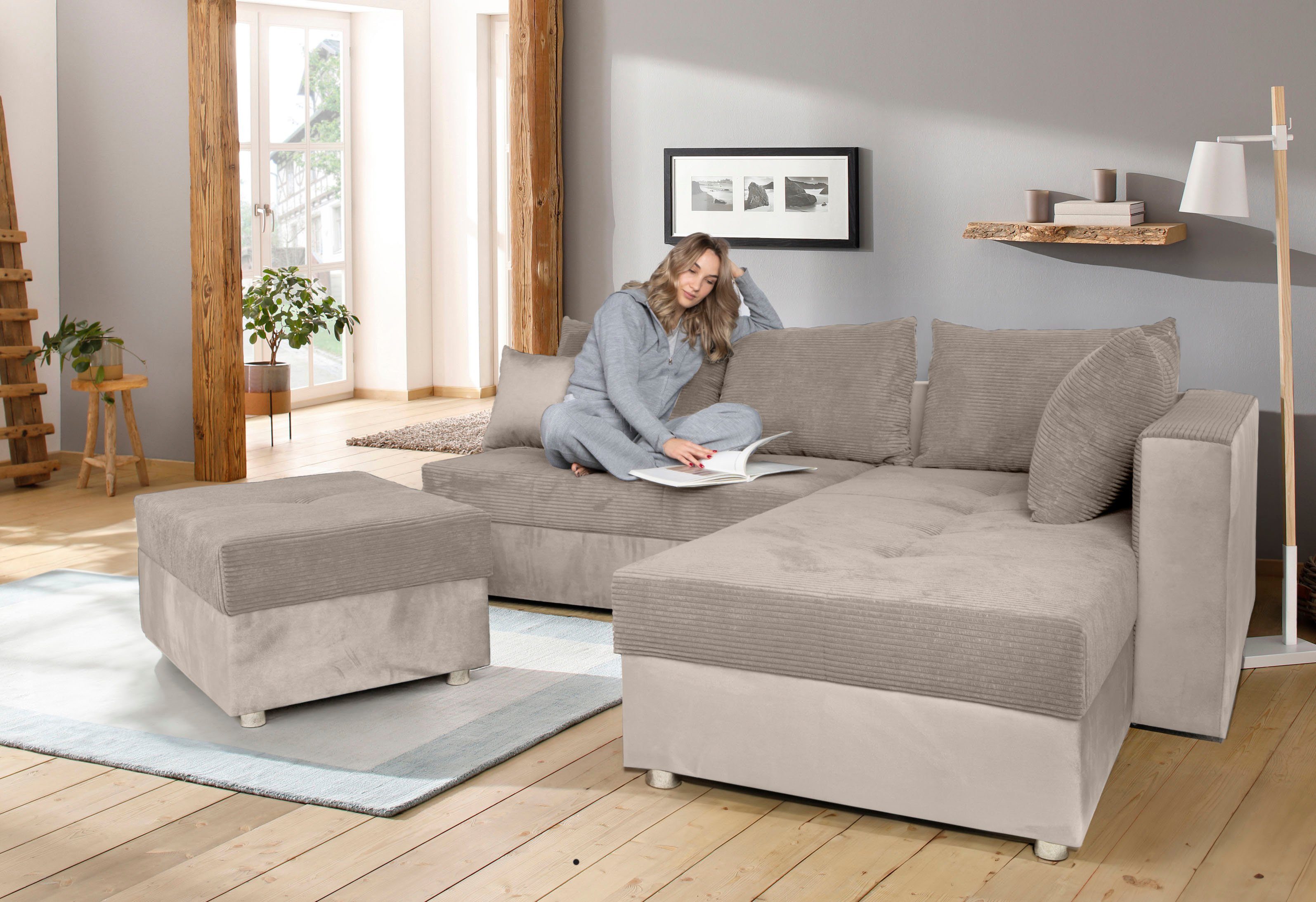 COLLECTION AB Hoekbank Italia L-vorm met slaapbank functie en bedbox, in mix van fluweel en ribfluweel beige, hoekbanken