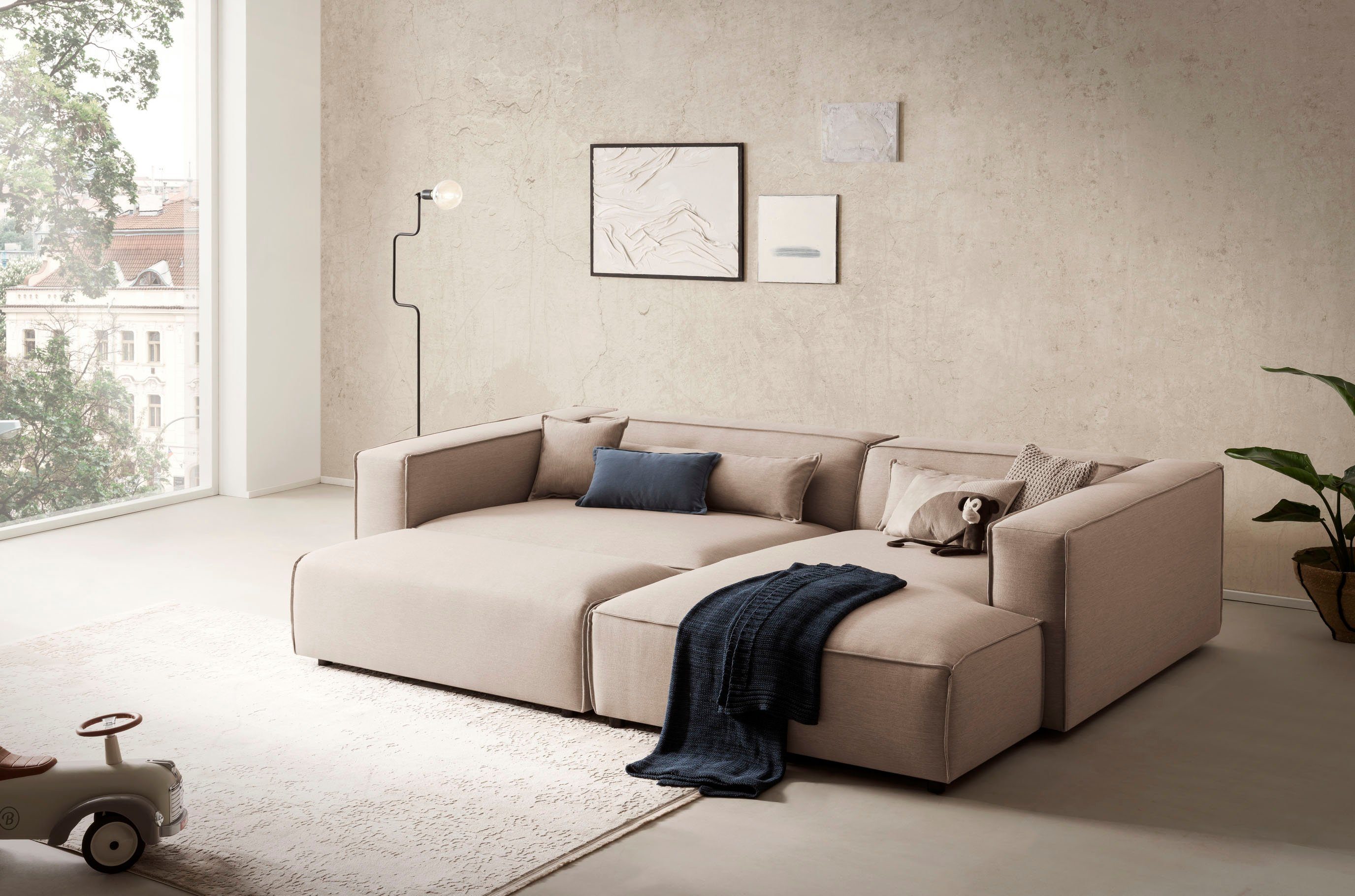 LeGer Home by Lena Gercke Hoekbank PIARA XXL, L-vorm met slaapfunctie, Big-sofa in cord of linnenlook Hocker verstelbaar tot slaapbank (krokodillenverbinder), diepe zitting