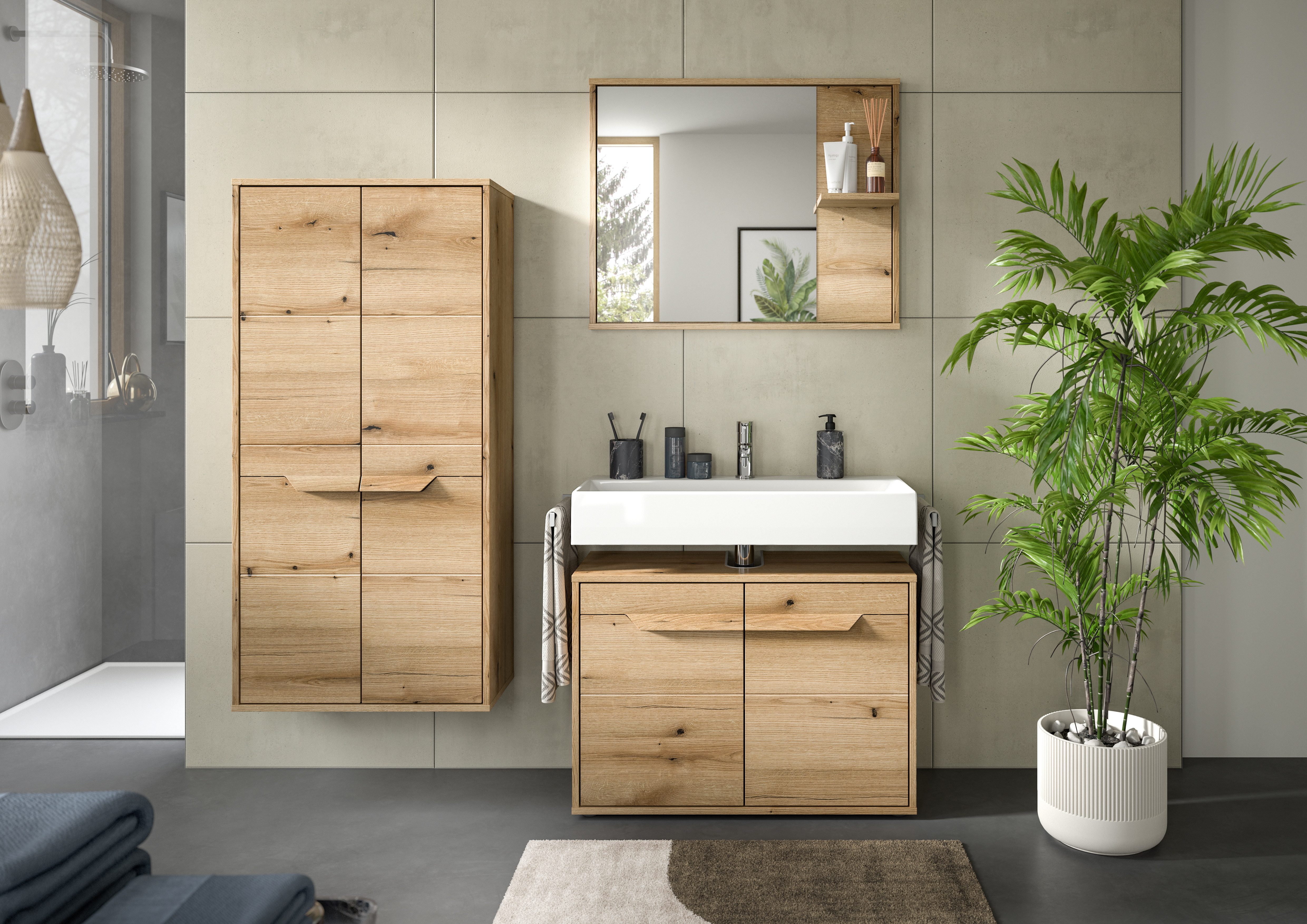 welltime Halfhoge kast Kayu, hoogte 132 cm, staand/hangend te monteren, 2 deuren, 3 planken