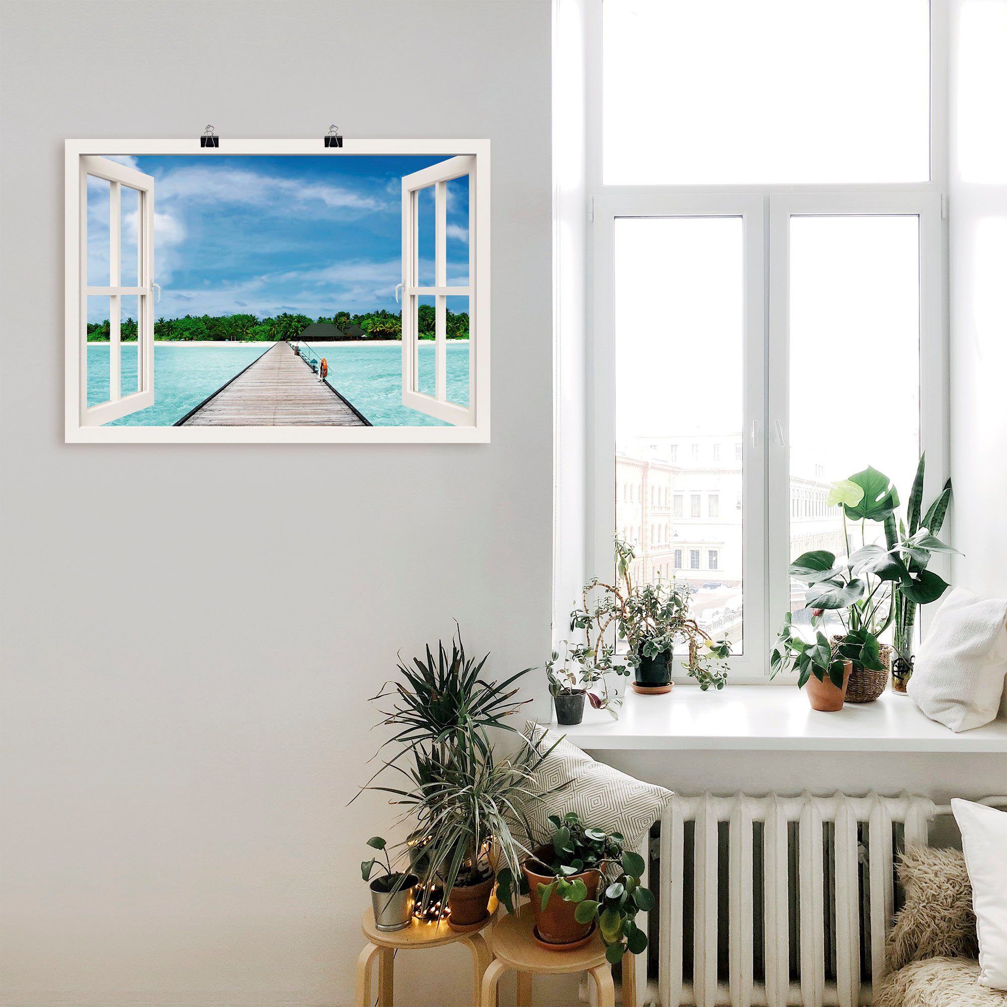 Artland Artprint Blik uit het venster Maldivisch paradijs als artprint op linnen, poster, muursticker in verschillende maten