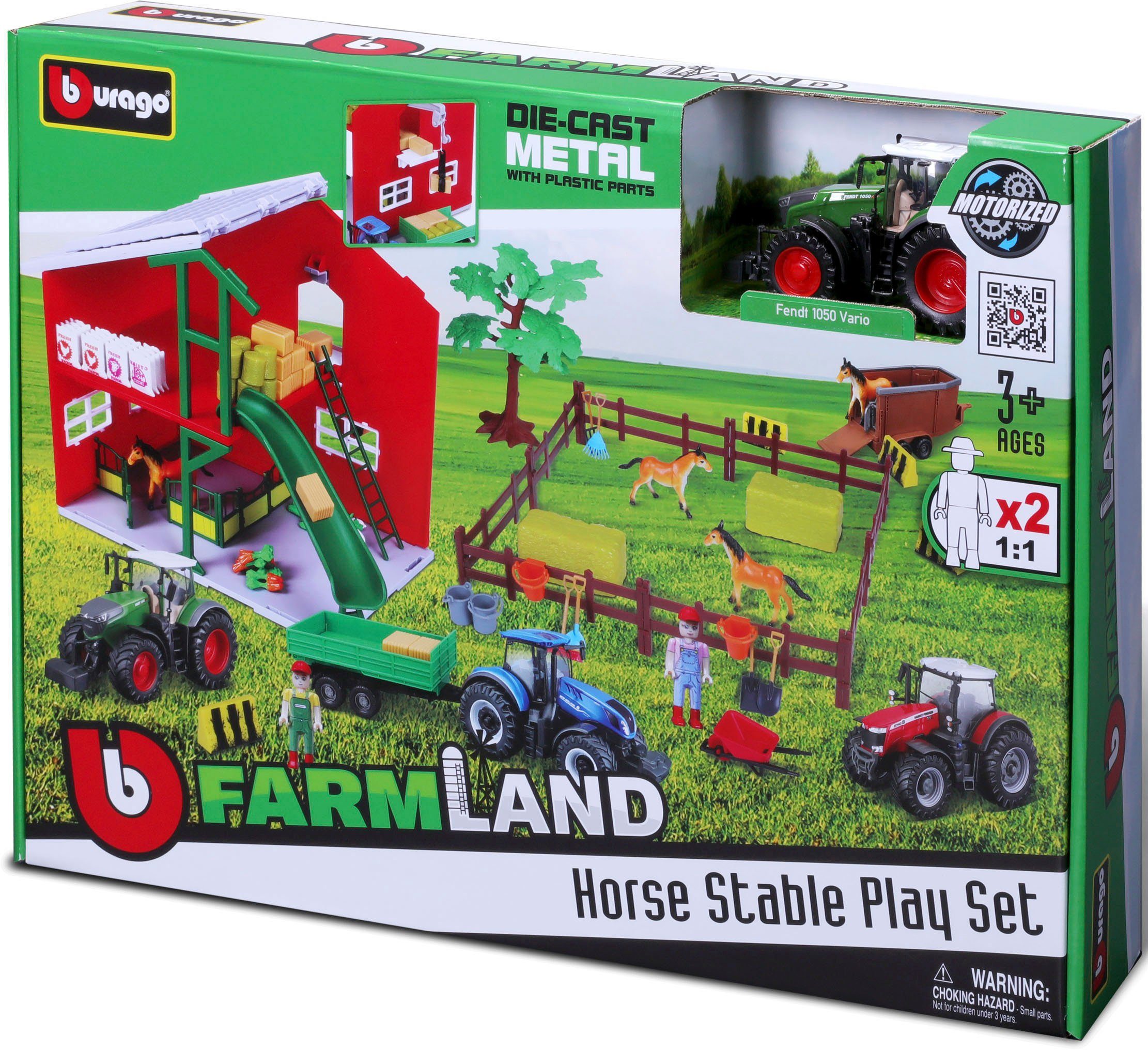 Bburago Speelwereld Farmland, Paardenstal inclusief fendt tractor