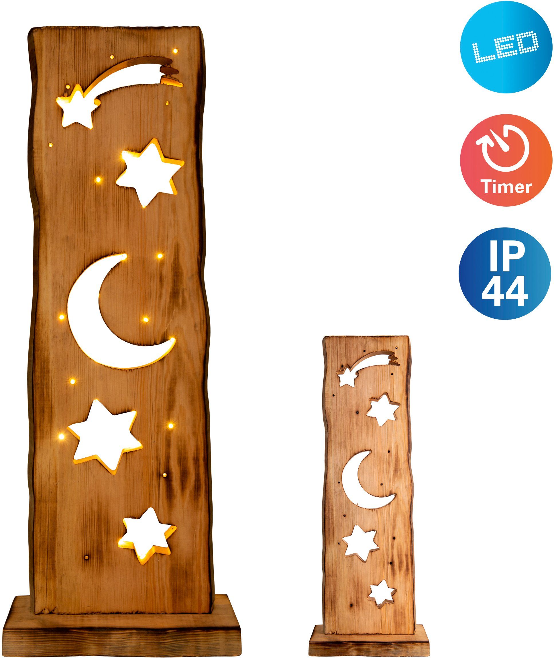 näve Decoratief ledobject Light Moon/Stars Voor buiten, incl. timer (6h aan en 18h uit) van hout (1 stuk) decoratie met verlichting bruin