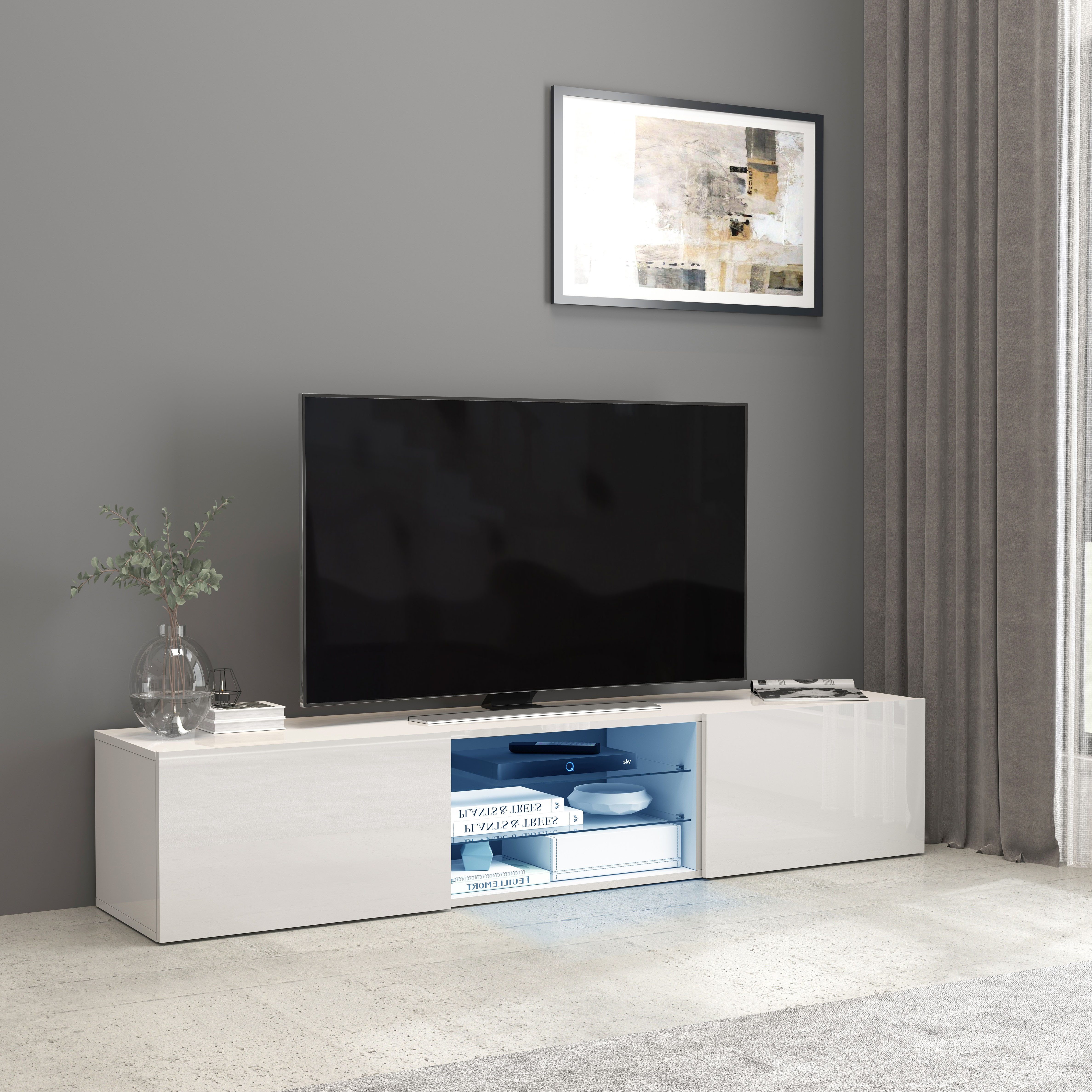 INOSIGN Tv-meubel Egypt, Lowboard, TV-ladekast, TV-meubel, TV-bank met 2 kleppen, 2 glazen planken, volledig hoogglans gelakt (b/d/h) 180x38x35 cm
