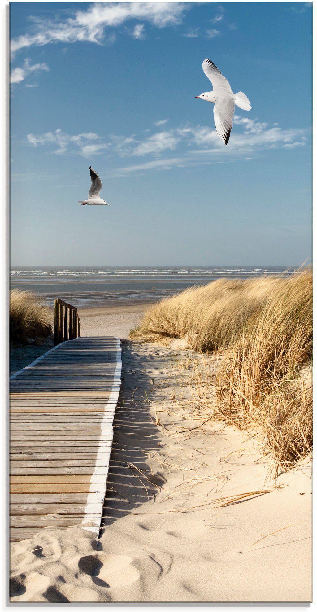 Artland Print op glas Noordzeestrand op Langeoog met meeuwen