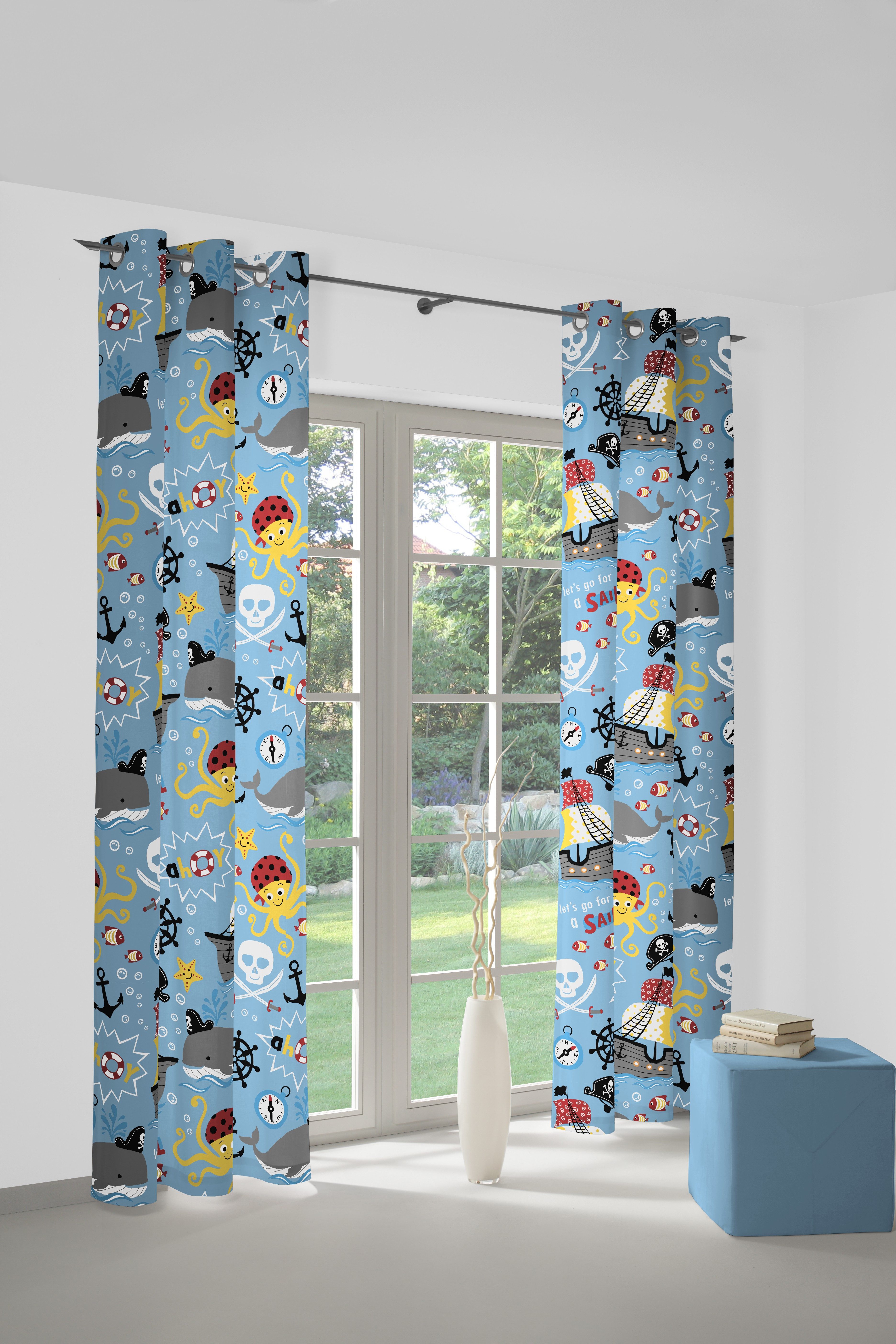 Adam Gordijn Pirates GOTS-gecertificeerd, duurzaam (1 stuk) kant & klaar gordijnen maat 145 cm x 175 cm blauw