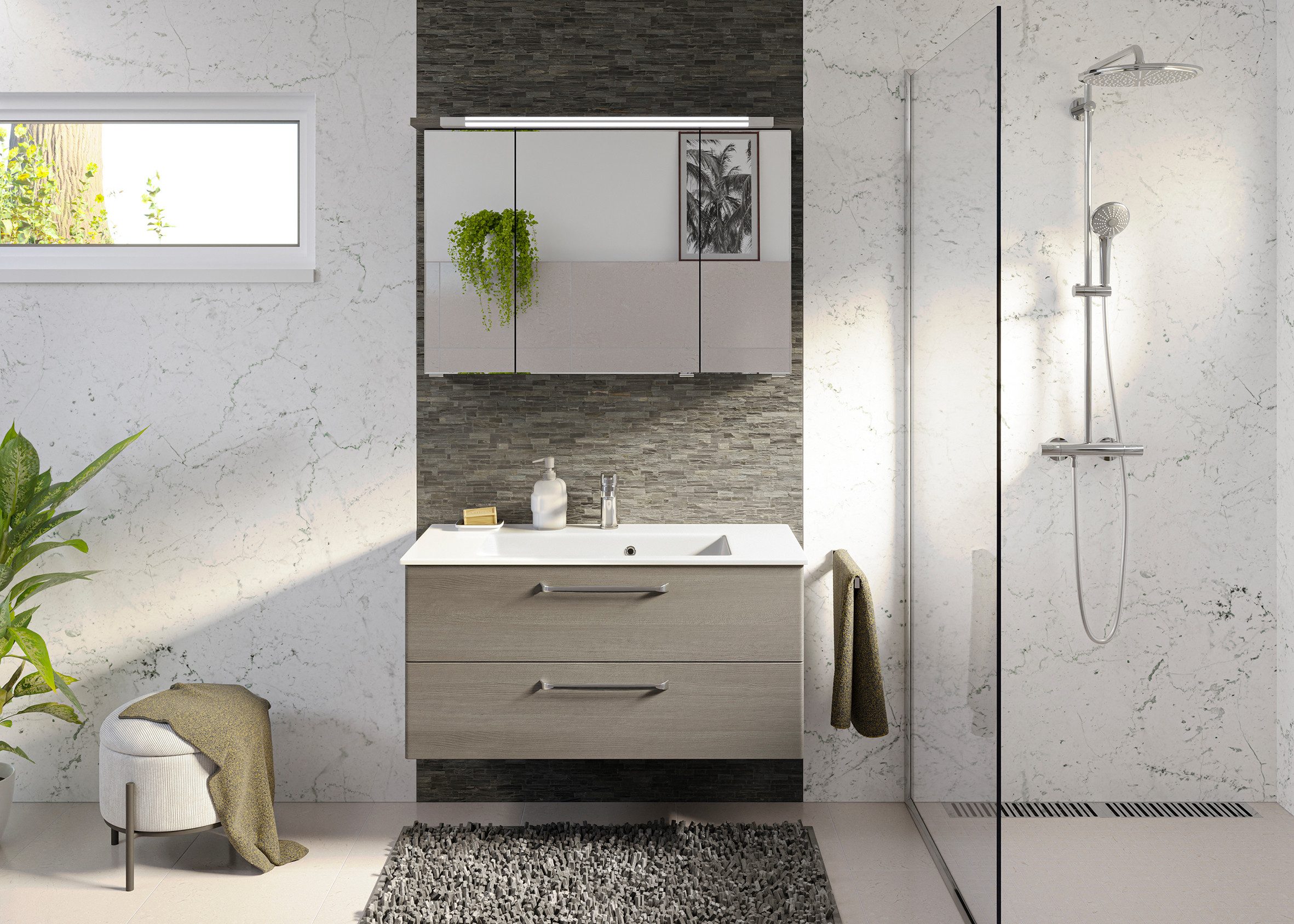 Saphir Badmeubelset Trentino 2-delig mineralen marmer wasbak, spiegelkast met LED-profiel (3 stuks)