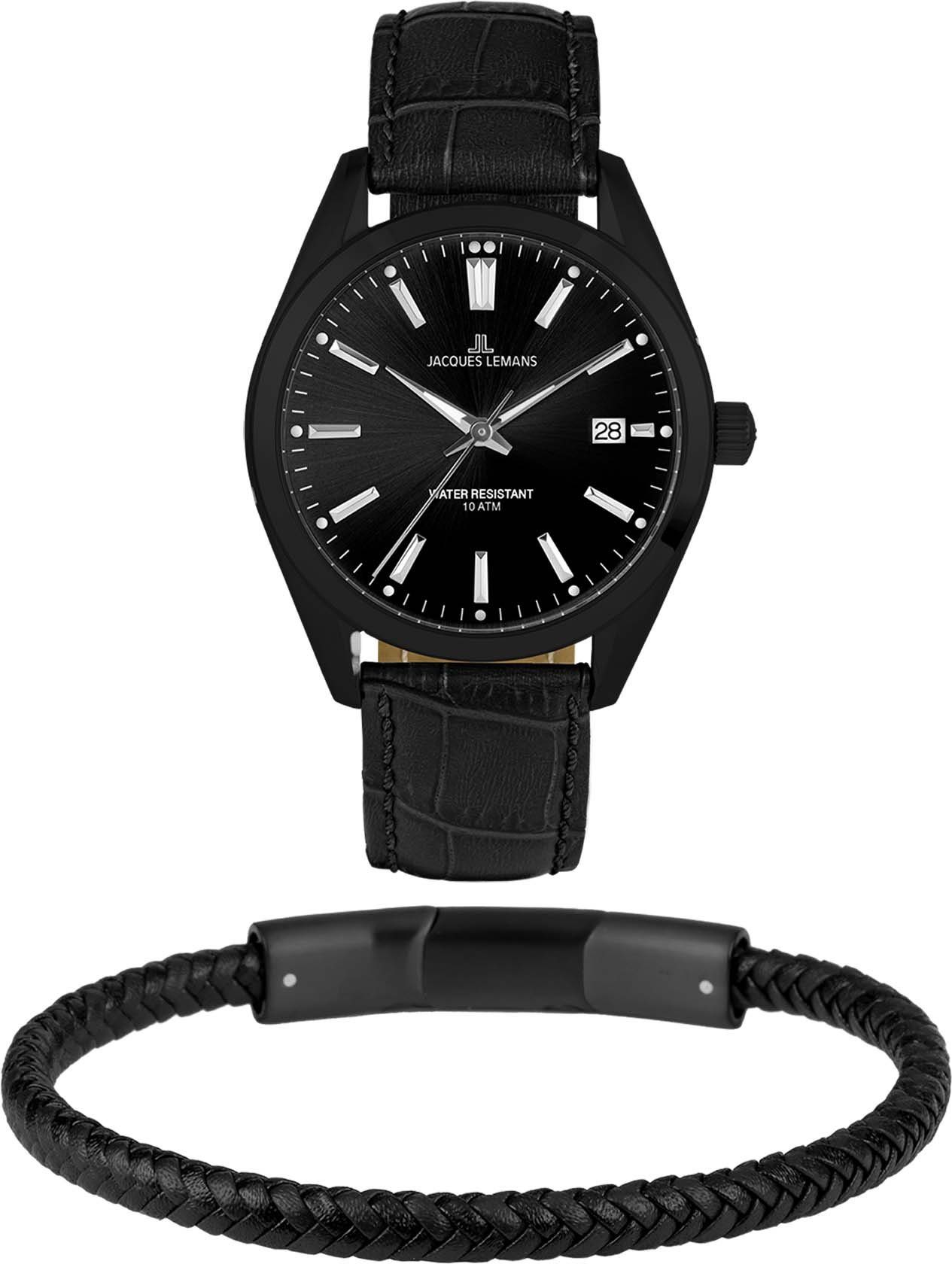 Jacques Lemans Kwartshorloge Derby Set, 1-2143A-SET Horloge, herenhorloge, datum, cadeau-idee, leren band (set, 2-delig, Met armband) heren horloges