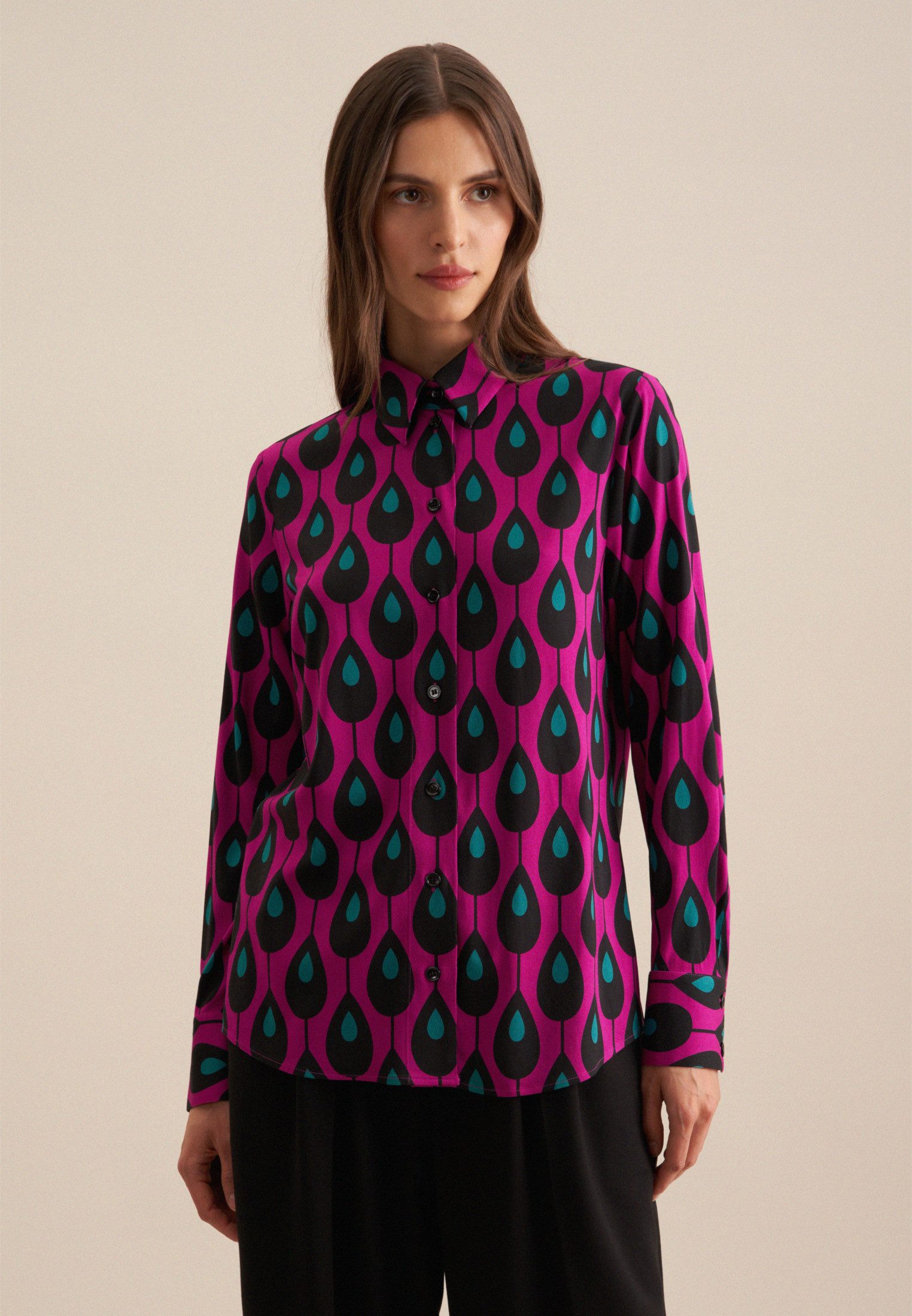 seidensticker Overhemdblouse Zwarte roos Lange mouwen kraag print