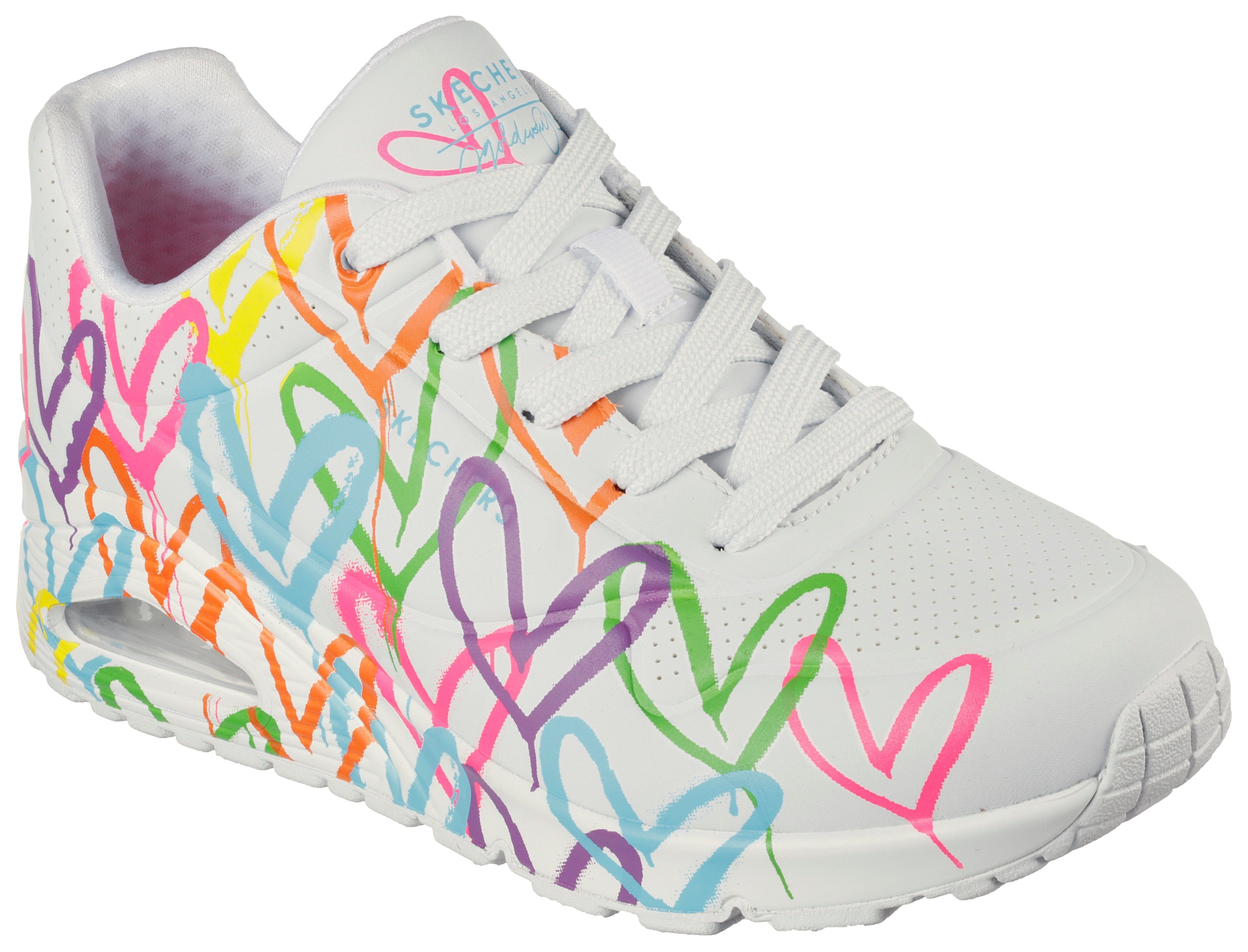 Skechers Sneakers UNO - HIGHLIGHT LOVE , vrijetijdsschoen, lage schoen, veterschoen met hartjes-print dames schoenen maat 41 EU wit