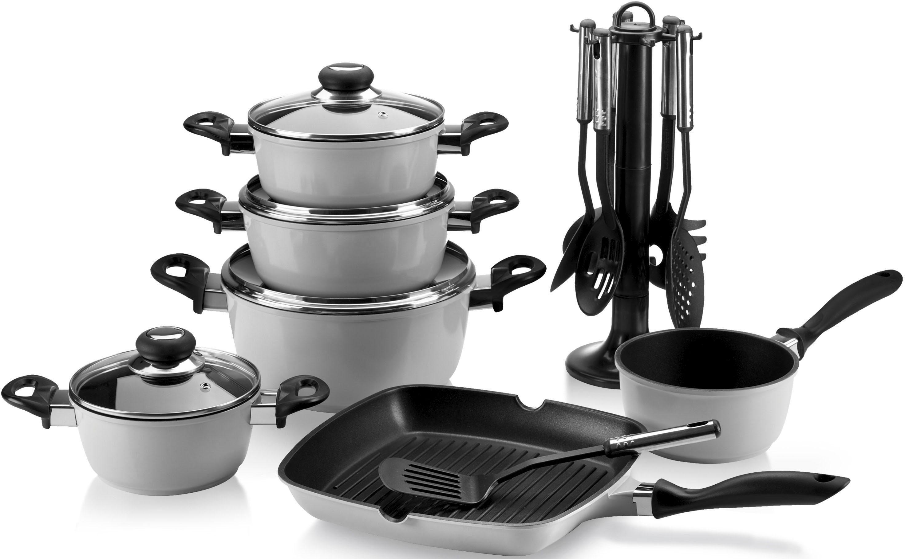 Krüger Pannenset Aluminium pot- en pan-set inclusief praktische keukenhulpmiddelen, 17-delig. (set, 17-delig) pannensets grijs