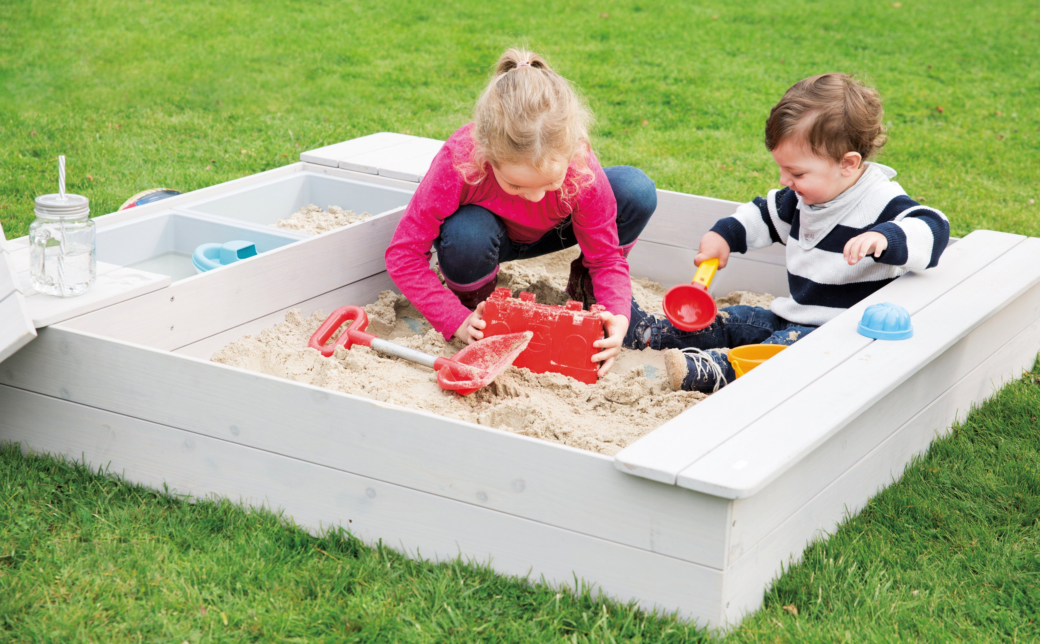 Roba® Zandbak Outdoor+ 2 speelbassins en 4 afneembare zitplaatsen, hxbxd: 17,5x125x120 cm