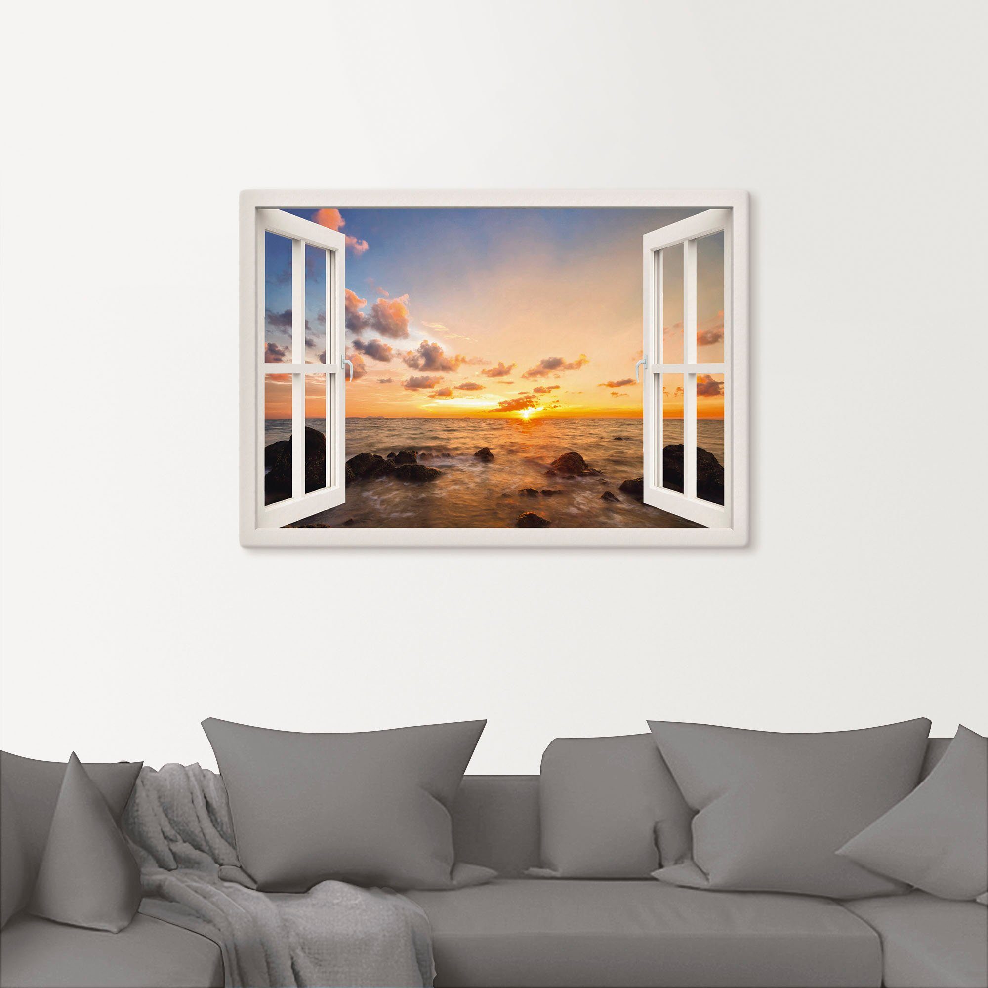 Artland Artprint Blik uit het venster zonsondergang aan zee als artprint van aluminium, artprint op linnen, muursticker, verschillende maten